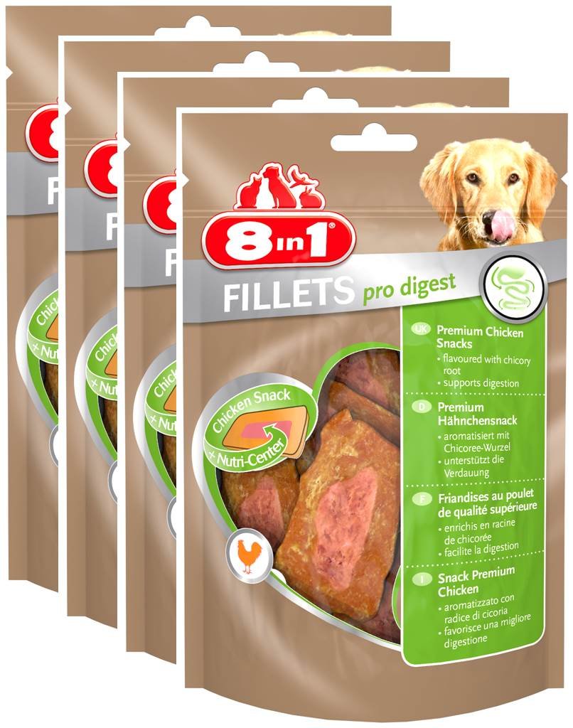8in1 Fillet Pro Digest Friandises pour chiens adultes et seniors de grandes races – Favorise la santé digestive – Au poulet – Lot de 4 x 80g