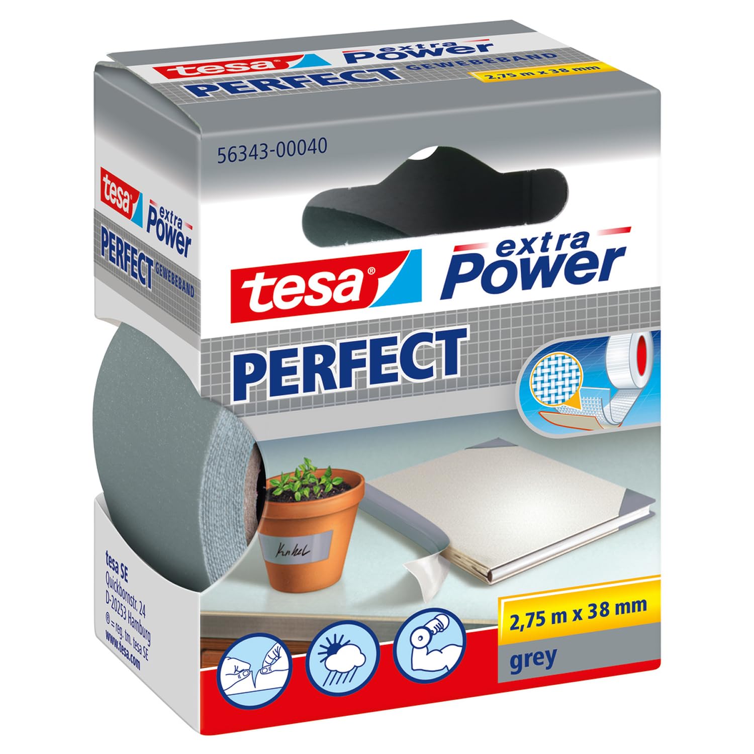TESA extra Power Perfect — ruban adhésif toilé gris 2,75 m x 38 mm