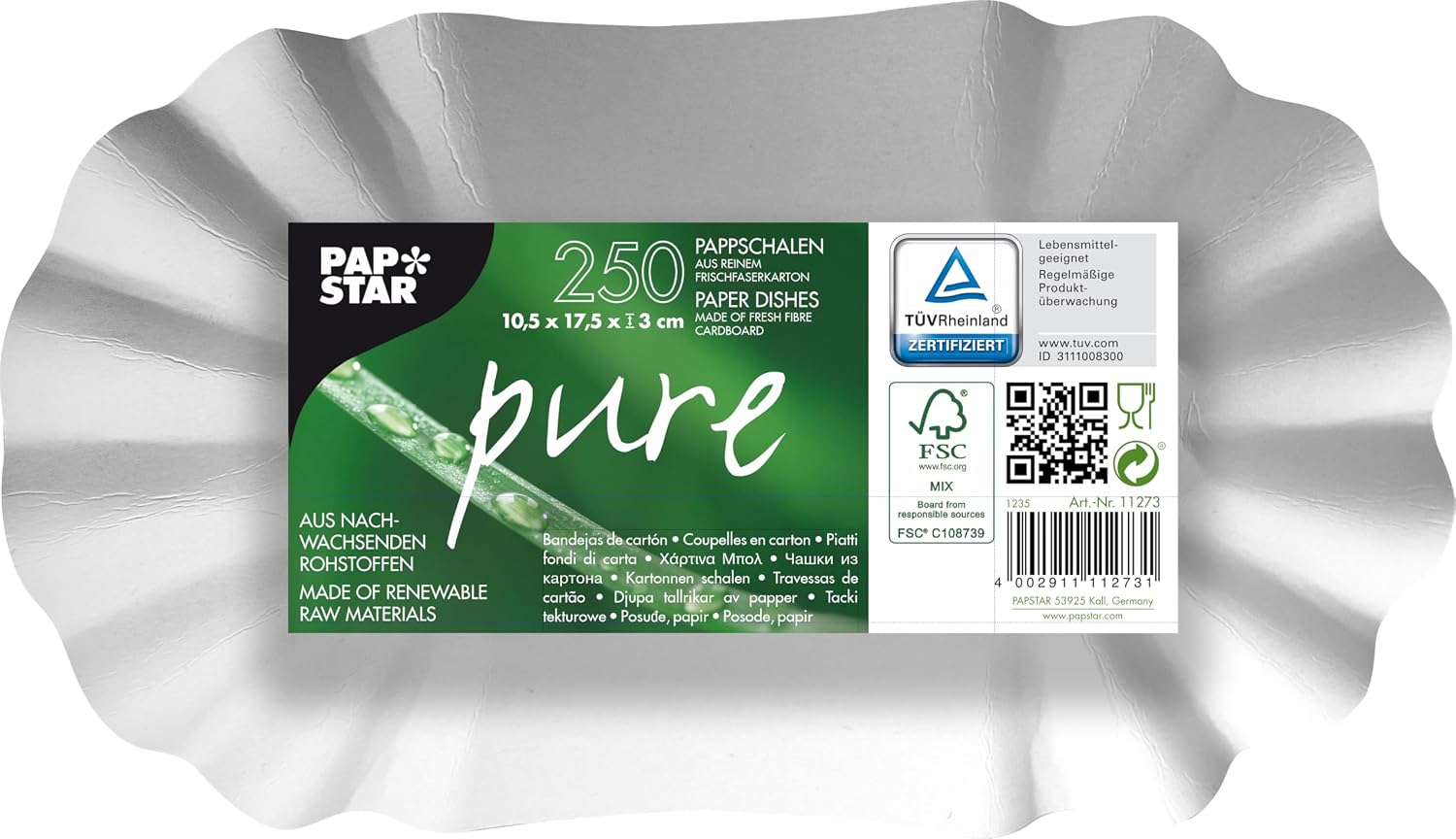 PAPSTAR Pure — 250 boîtes ovales en carton blanc 10,5 x 17,5 cm