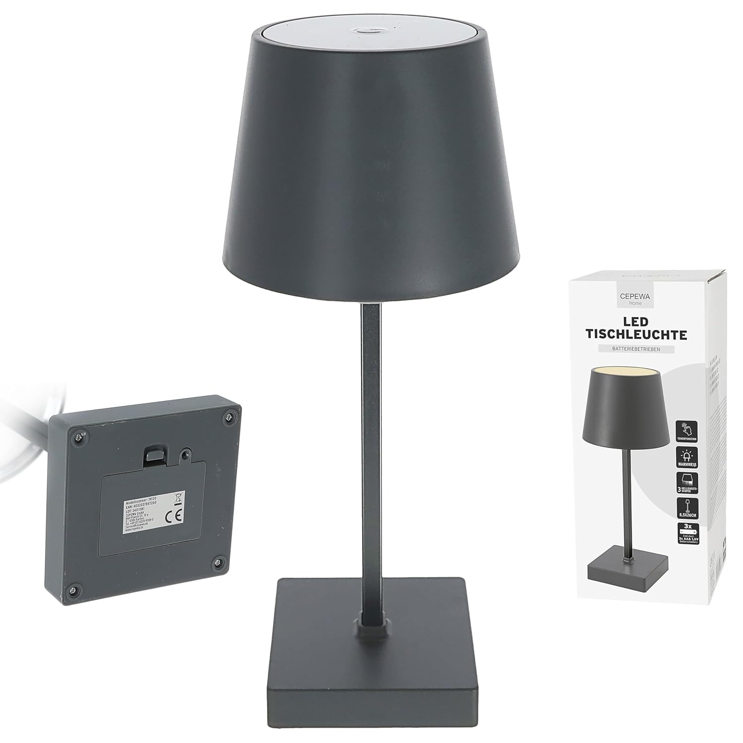 CEPEWA — Lampe de table LED tactile anthracite 26 cm