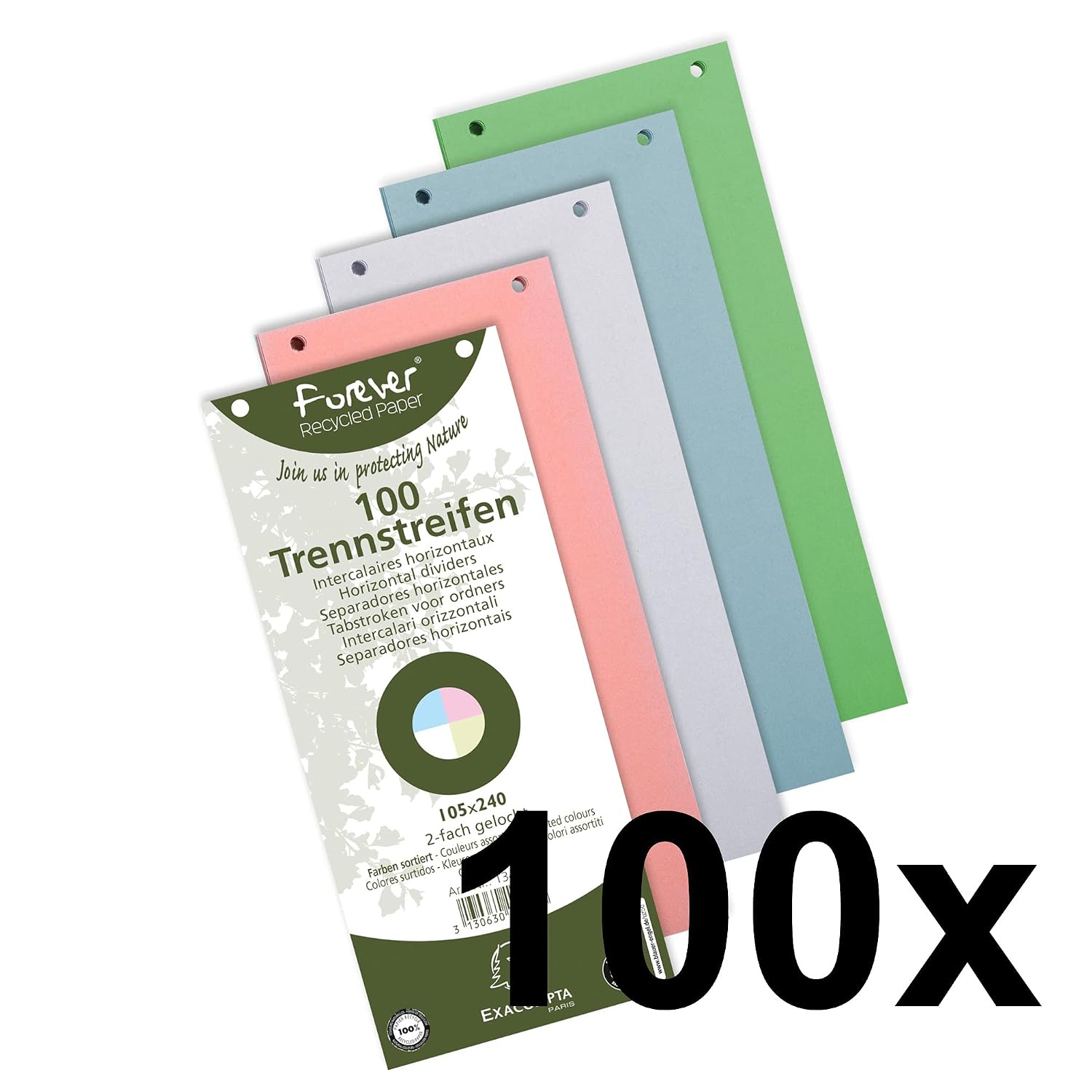 Exacompta - Réf. 13495B - Paquet de 100 fiches intercalaires horizontales unies perforées Forever - séparateur pour classeur ou classeur à levier - sous film - format 105 x 240 mm - couleurs assorties – Image 23