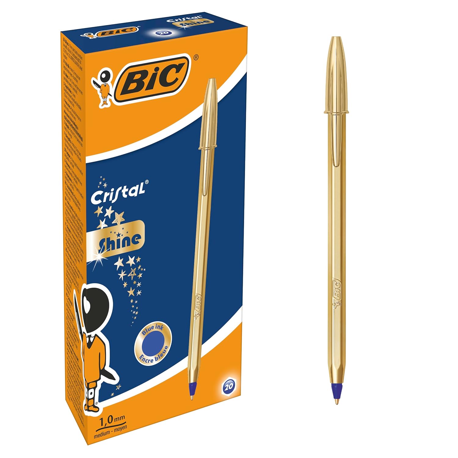 BIC Cristal Shine — Stylo-bille bleu pointe moyenne x20