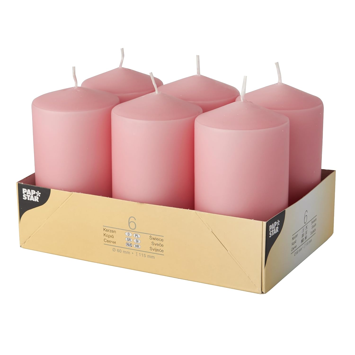 PAPPSTAR — Lot de 6 bougies piliers vieux rose 60 x 115 mm