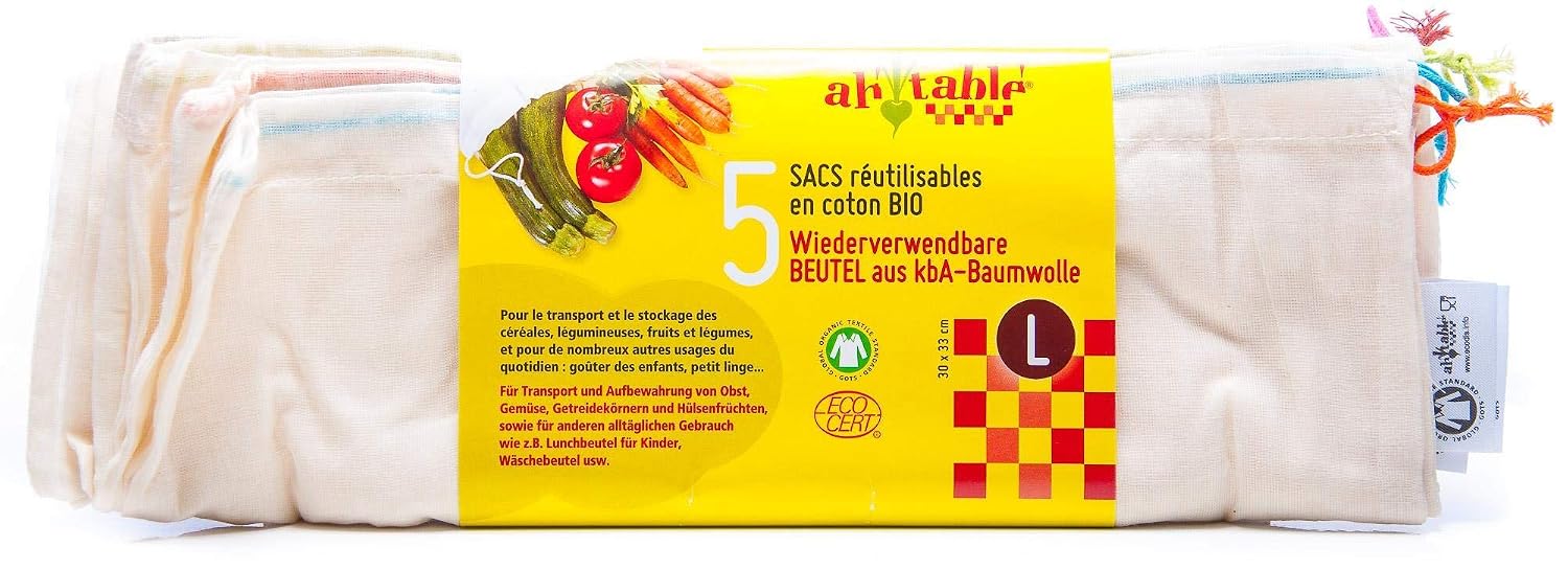 ECODIS — Lot de 5 Sacs Réutilisables en Coton Bio