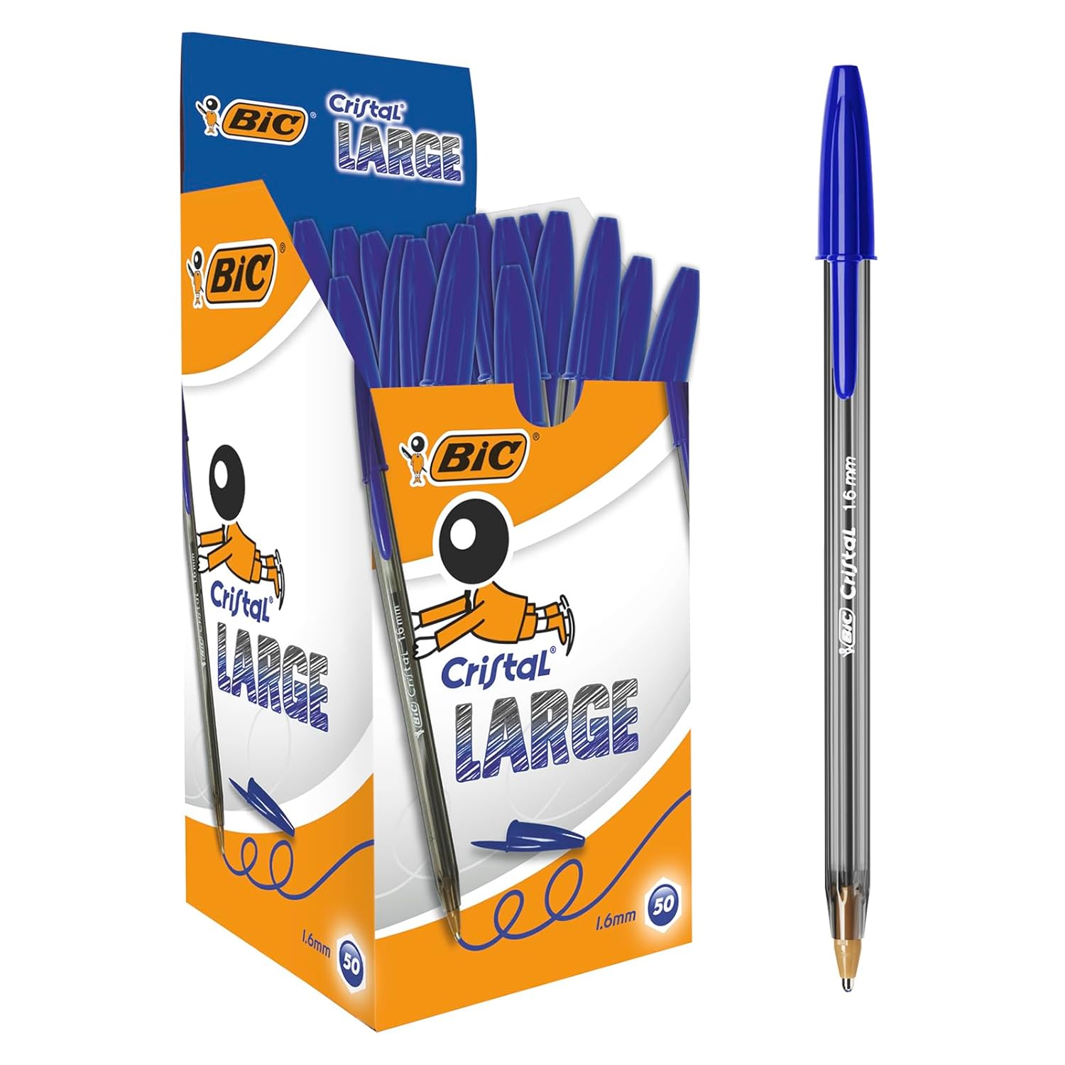 BIC Cristal Large — Boîte de 50 Stylos-Bille bleus 1,6 mm