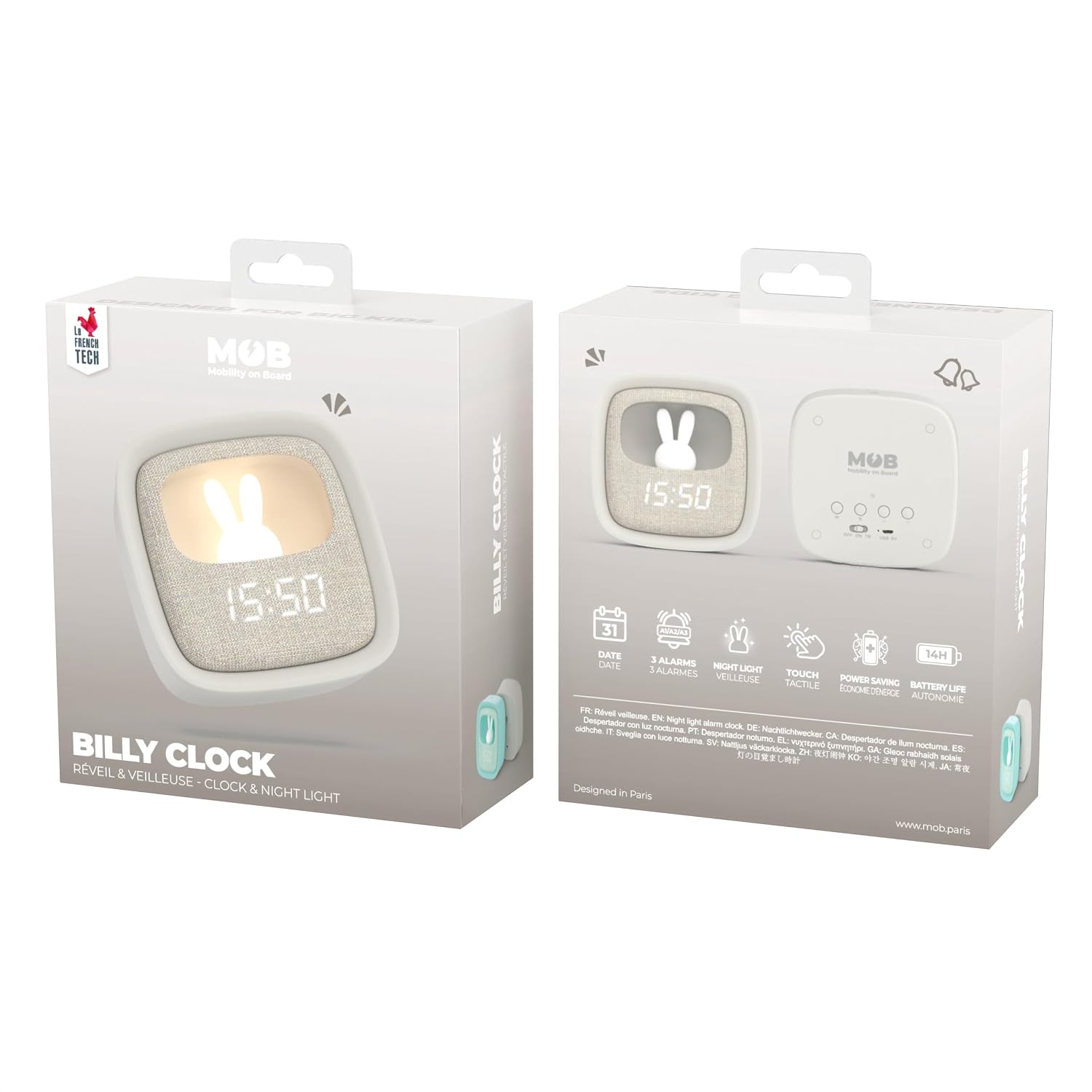 MOBILITY ON BOARD Billy Clock — Réveil veilleuse enfant lapin gris – Image 6