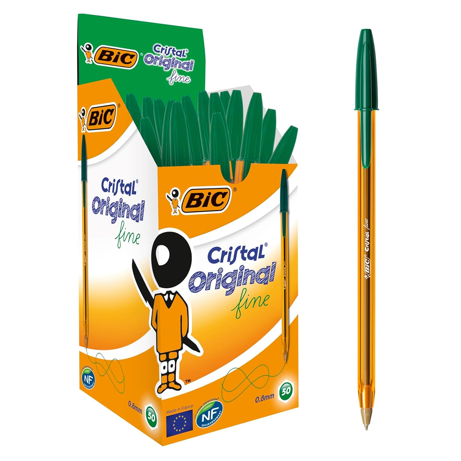 BIC Cristal Original — Boîte de 50 Stylos-Bille verts 0,8 mm