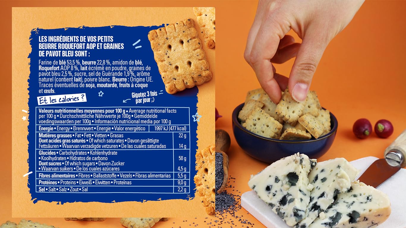 Michel & Augustin – Petits Beurre Salés au Roquefort AOP et Graines de Pavot Bleu – Biscuits Apéritifs Gourmands – Fabriqués en France – 100g x 8 – Image 4