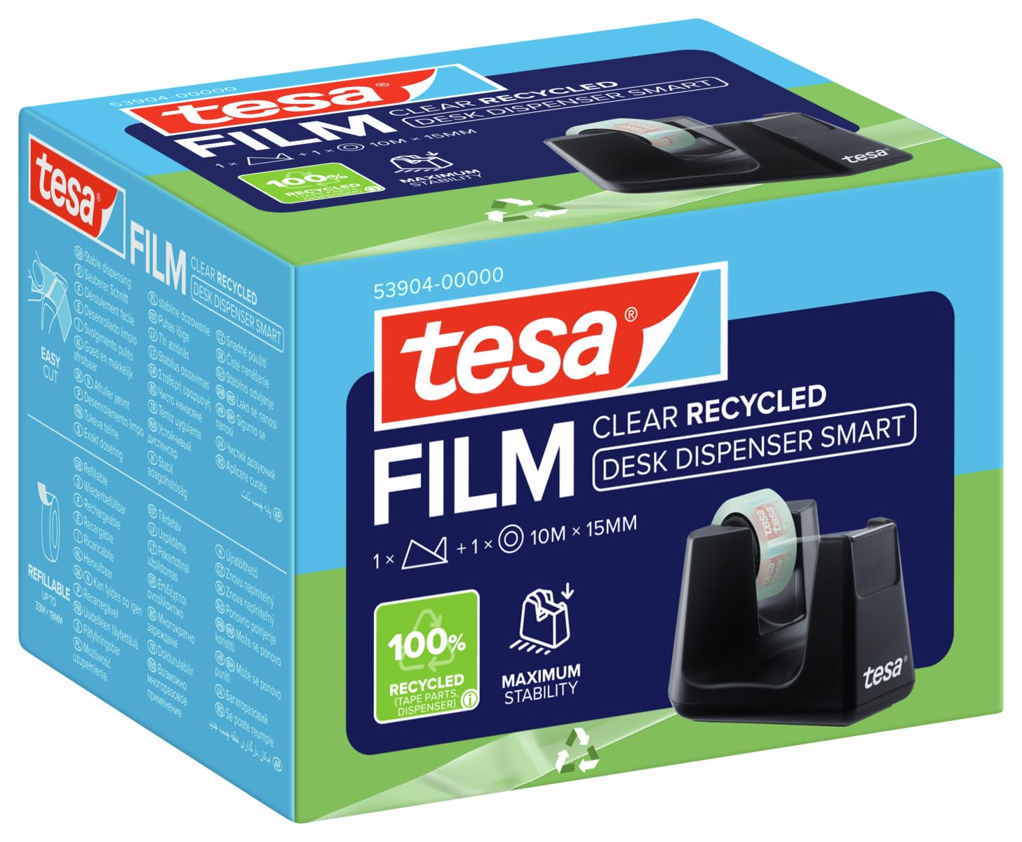 TESA Easy Cut — Dévidoir de bureau antidérapant noir 10 m x 15 mm