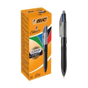 BIC 4 Couleurs Grip Pro — Boîte de 12 Stylos-Bille 1,0 mm