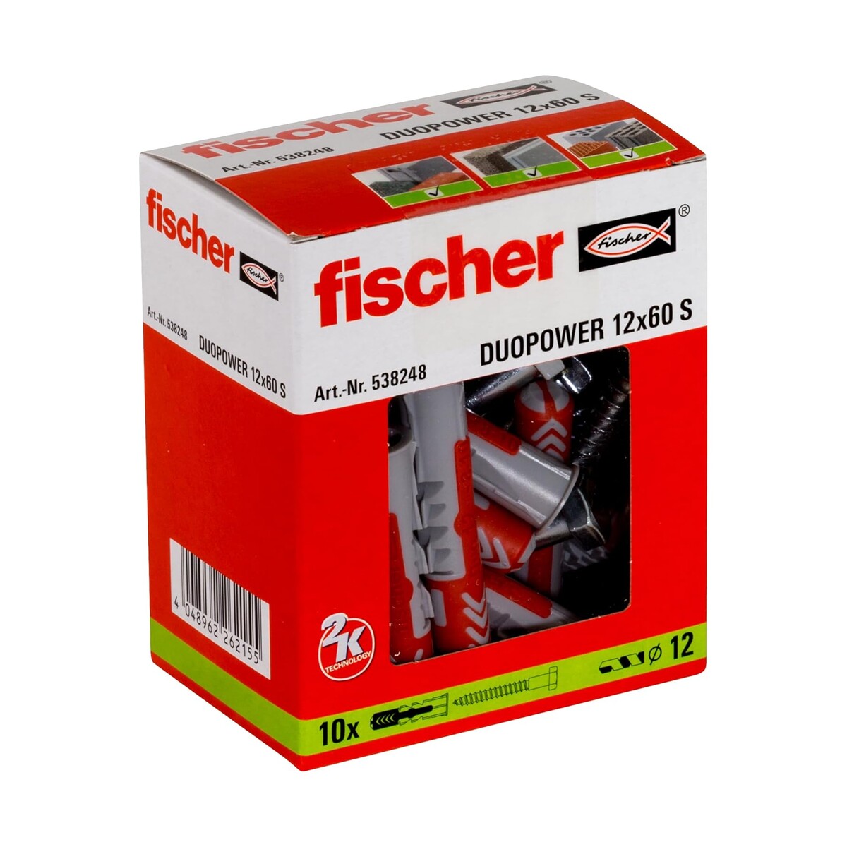 fischer - Cheville bi-matière et multi-matériaux DUOPOWER avec vis/Boîte de 10 Gris/Rouge (ø x l) 12 x 60 mm