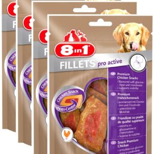 8in1 Fillet Pro Active Friandises pour chiens adultes et seniors de grandes races – Renforce la mobilité – Au poulet – Lot de 4 x 80g