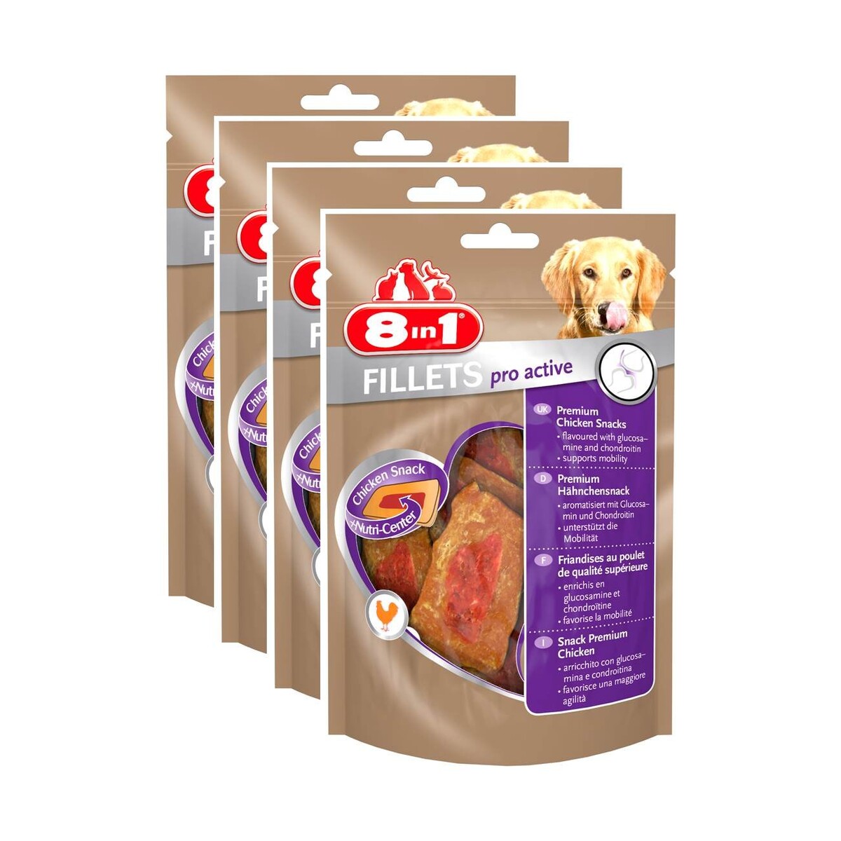 8in1 Fillet Pro Active Friandises pour chiens adultes et seniors de grandes races – Renforce la mobilité – Au poulet – Lot de 4 x 80g