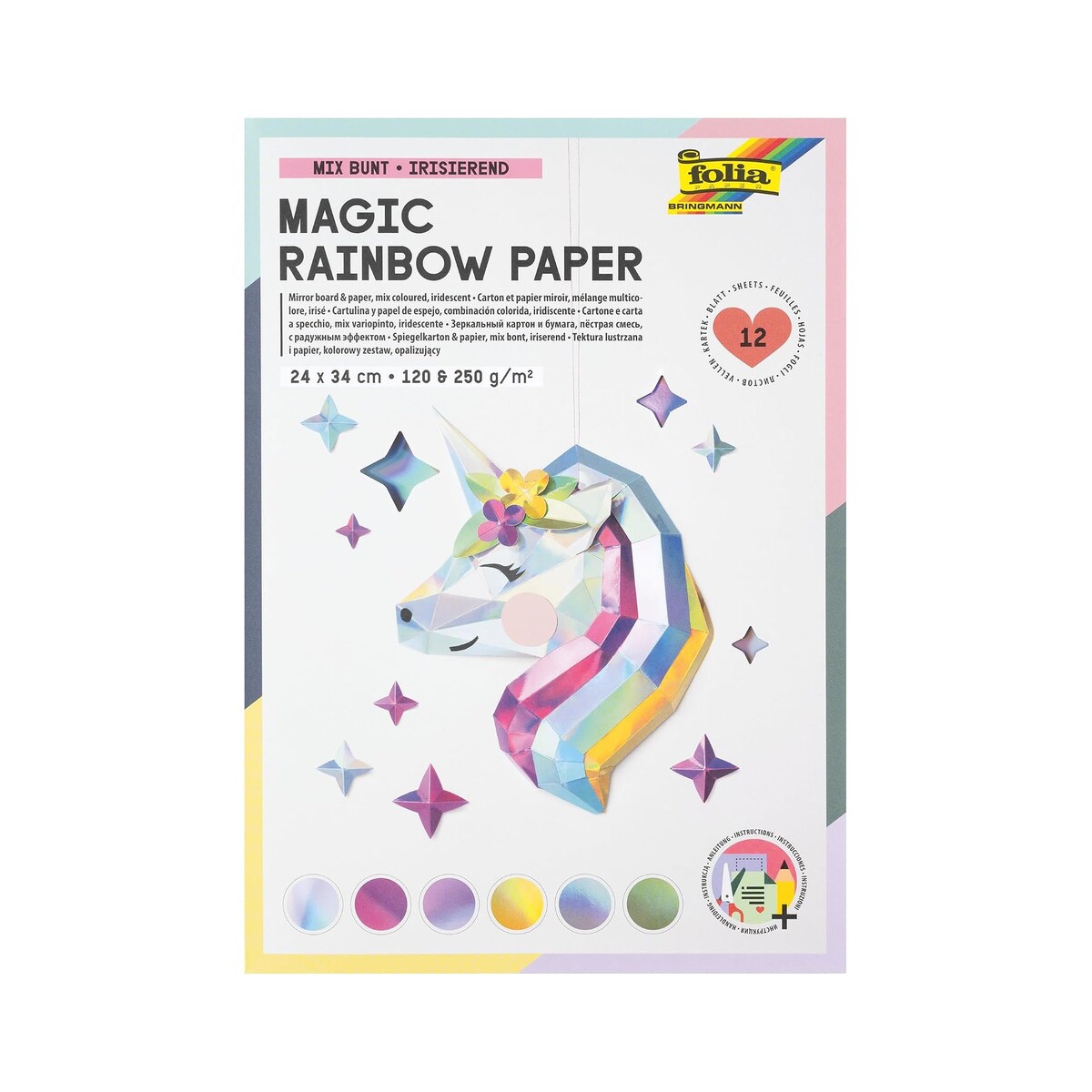 FOLIA Magic Rainbow — Bloc papier irisé 12 feuilles 24 x 34 cm