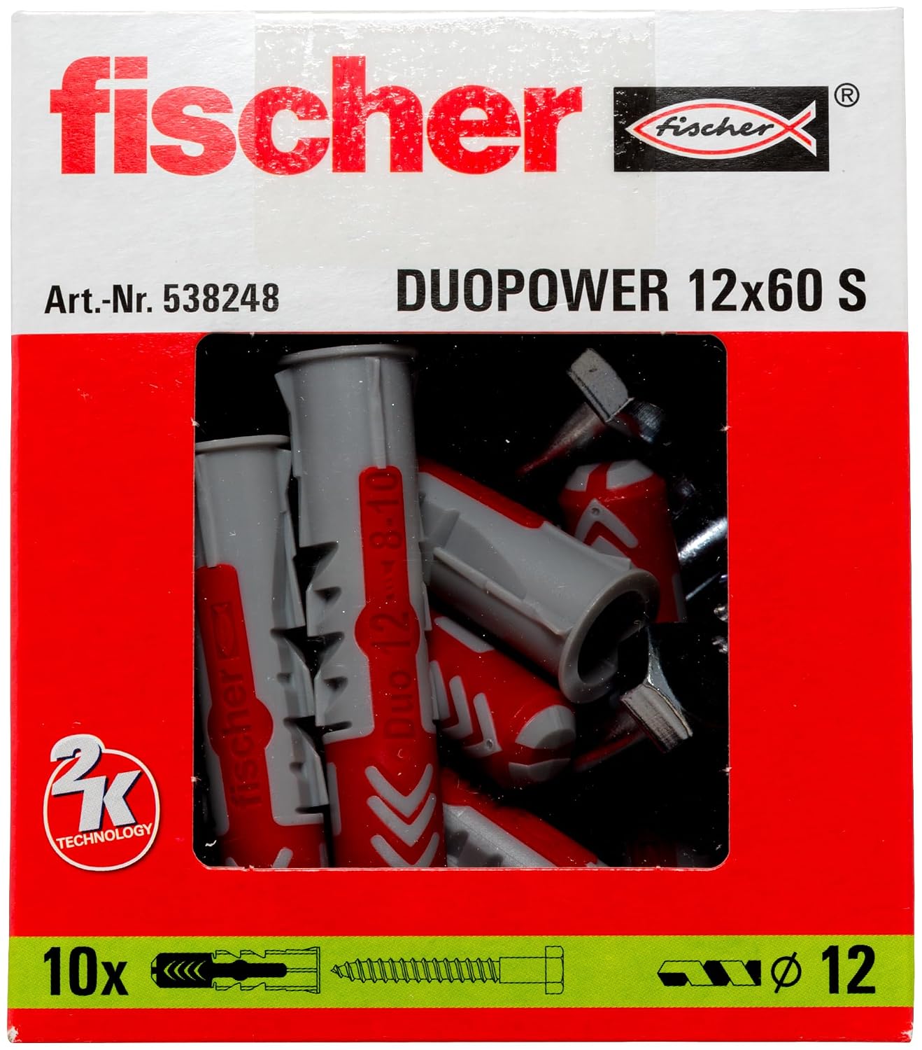 fischer - Cheville bi-matière et multi-matériaux DUOPOWER avec vis/Boîte de 10 Gris/Rouge (ø x l) 12 x 60 mm – Image 2