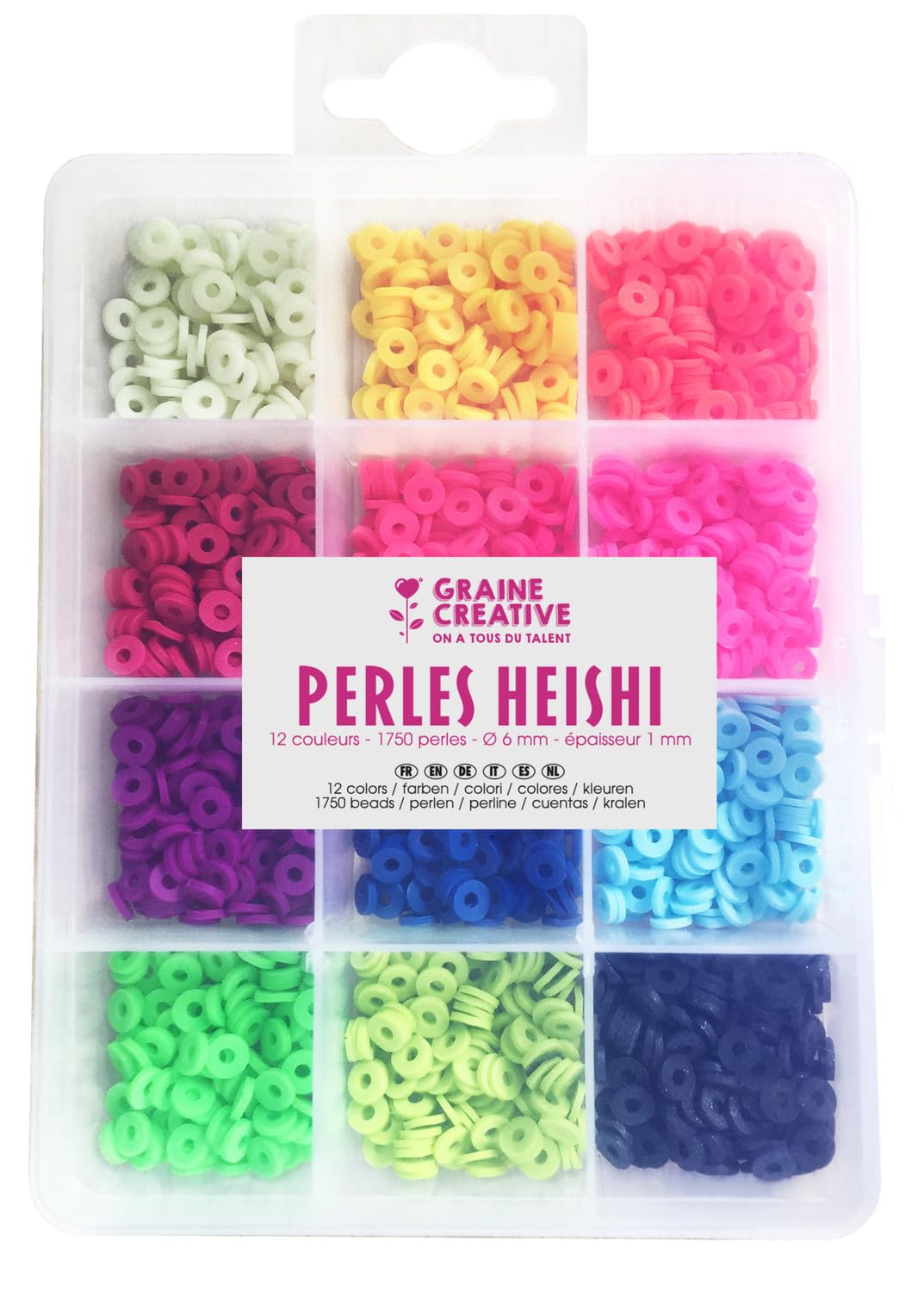 Assortiment — perles Heishi fluo 12 couleurs, 1750 pièces