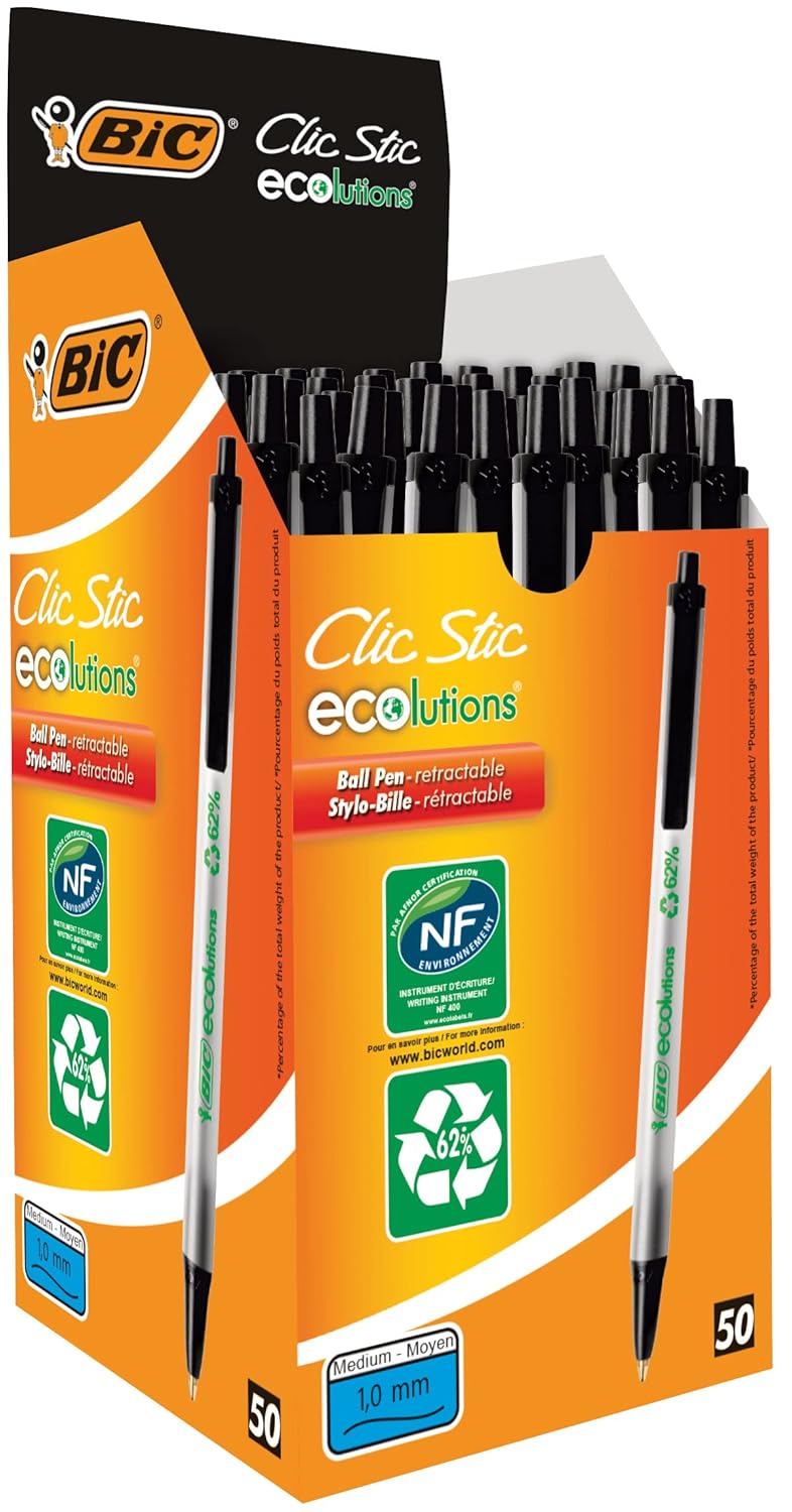 BIC ECOlutions Clic Stic — Boîte de 50 Stylos-Bille Noirs