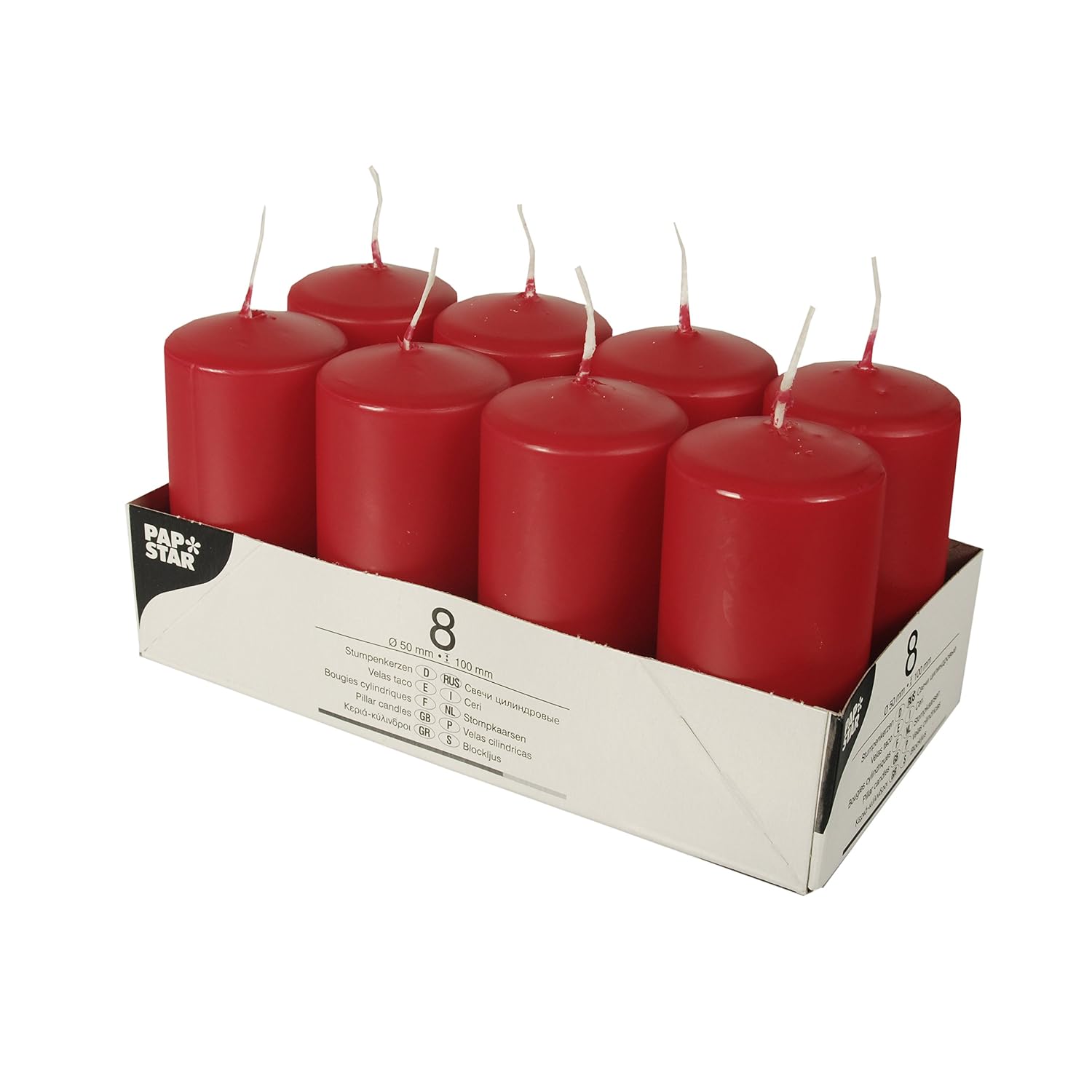 PAPSTAR — Bougies en paraffine rouges 50 x 100 mm, lot de 8