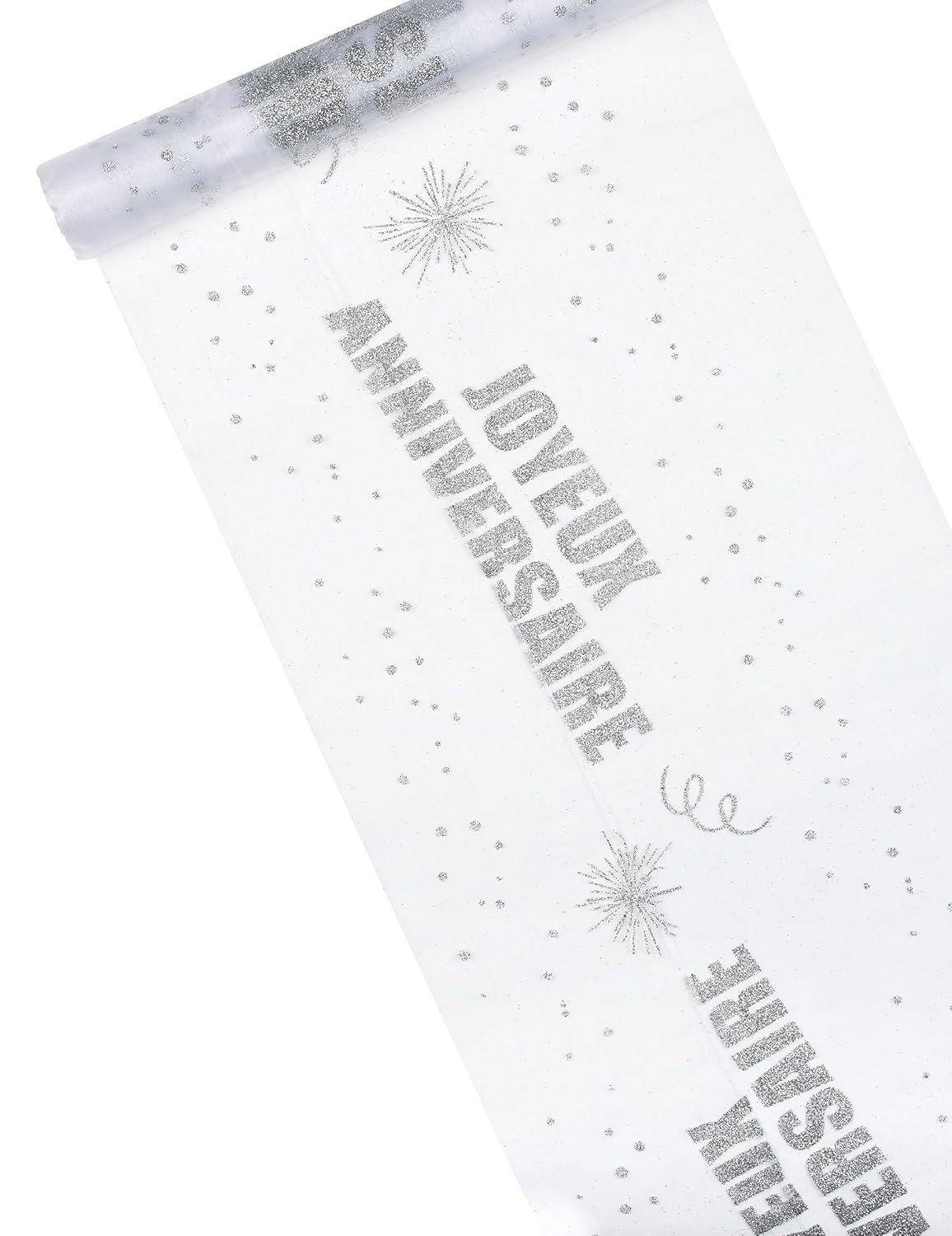 JOYEUX ANNIVERSAIRE — Chemin de table organza argent 29 cm x 5 m