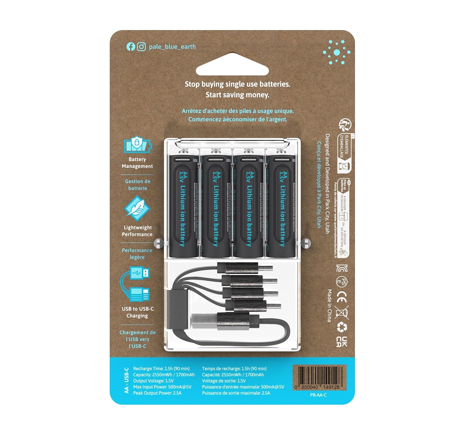 PALEBLUE — Piles Rechargeables USB-C AA 1700 mAh – Image 3