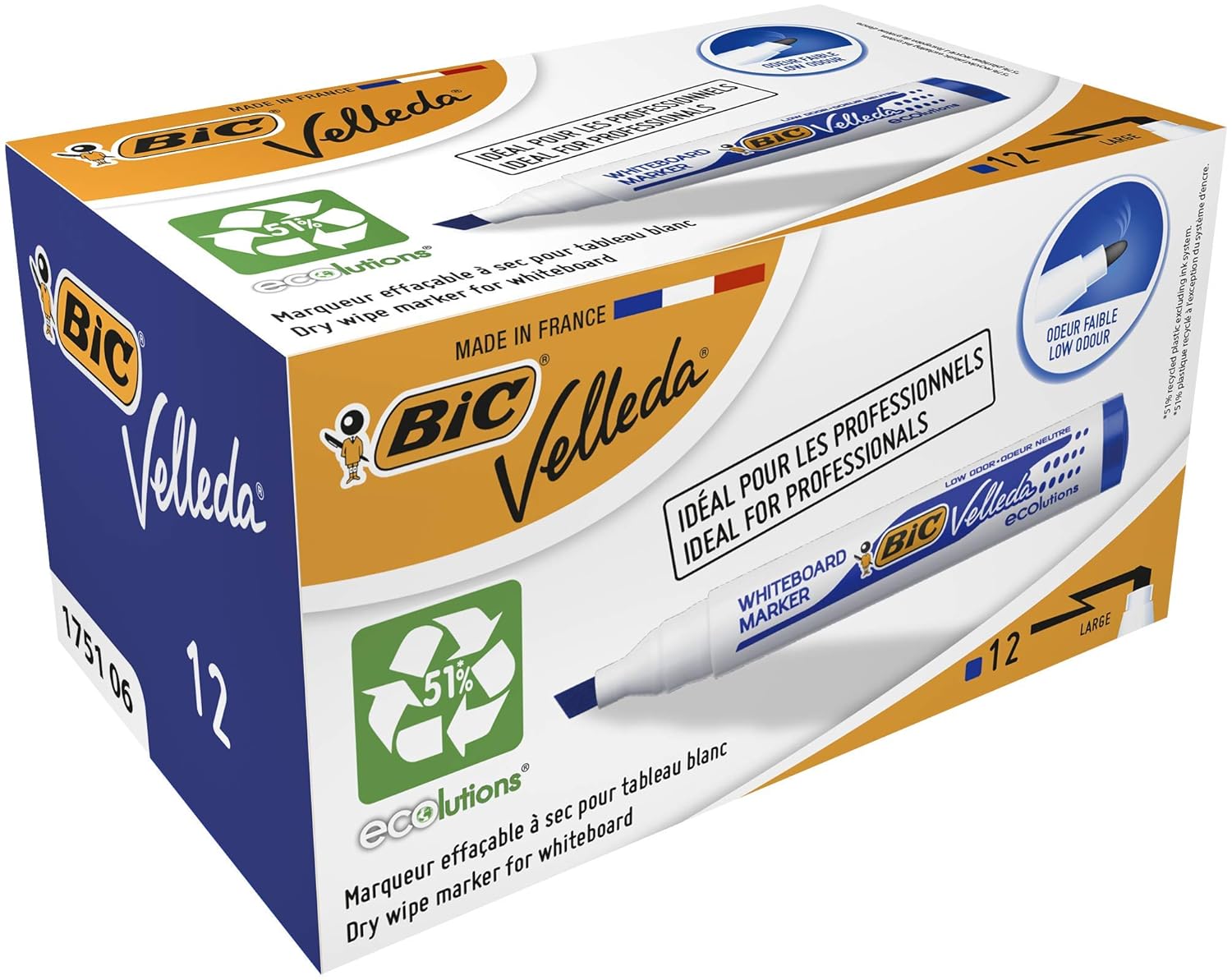 BIC Velleda 1751 ECOlutions — Feutres tableau blanc bleus x12