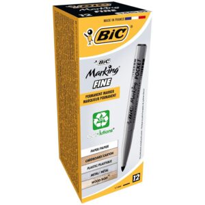 BIC Marking Fine ECOlutions Marqueurs Permanents à Pointe Conique Fine - Pour Carton, Plastique, Bois, Métal - Noir, Boîte de 12