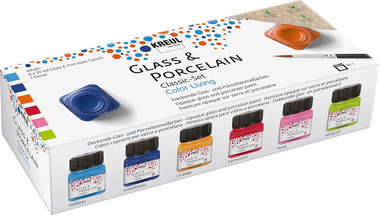 KREUL Glass & Porcelain — Set de 6 Peintures 20 ml + Pinceau
