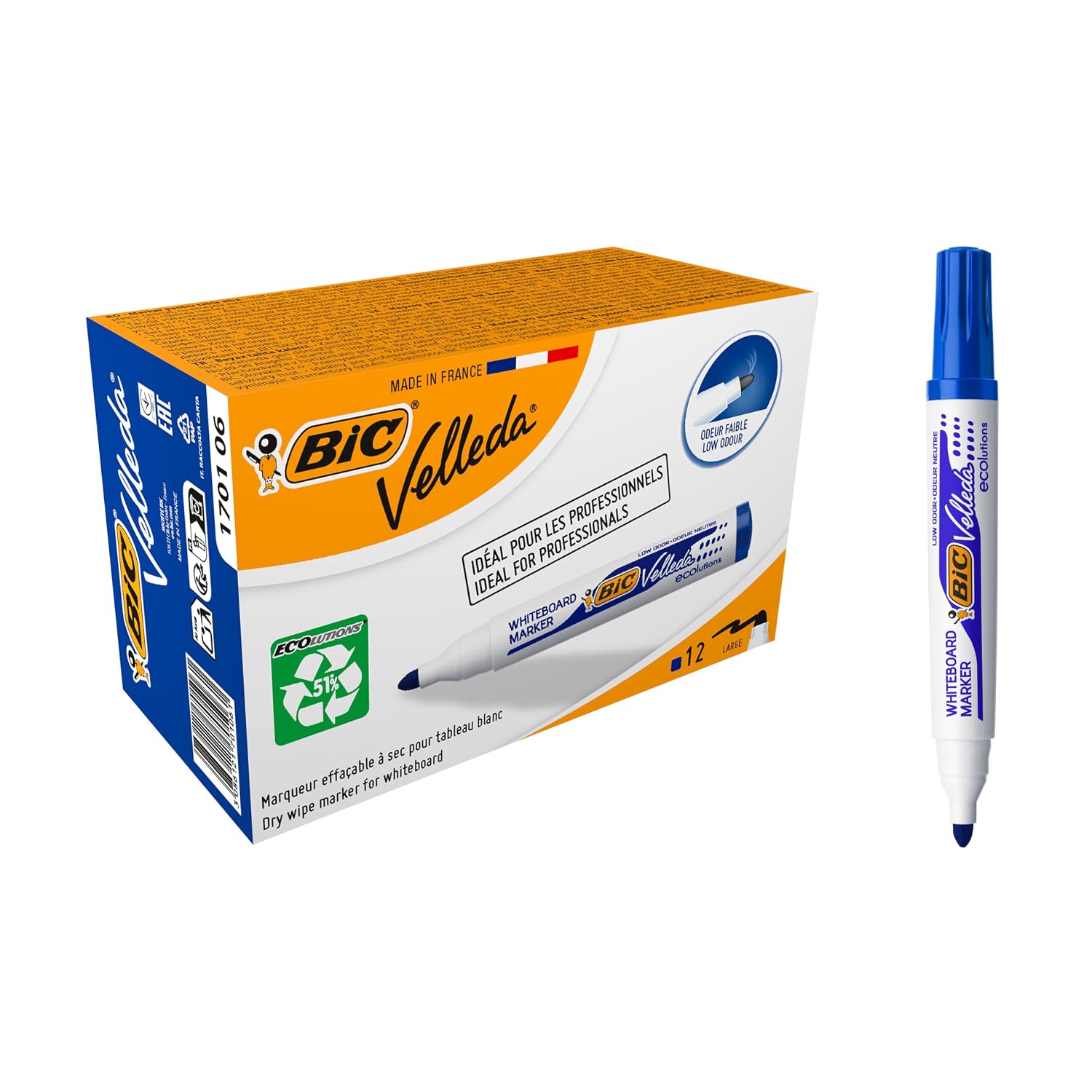 BIC Velleda 1701 ECOlutions — 12 Feutres Tableau Blanc bleus