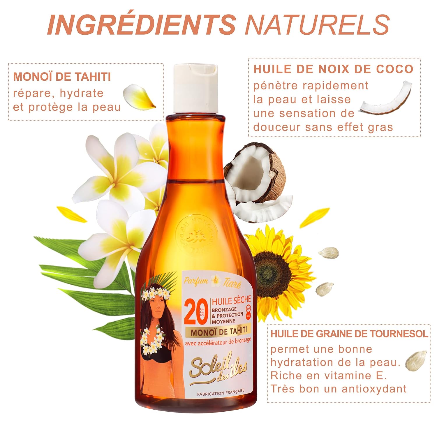 Soleil des Îles | Huile sèche - Bronzage et Protection - SPF 20 - Parfums Fleurs de Tiaré - Fabriqué en France – Image 4