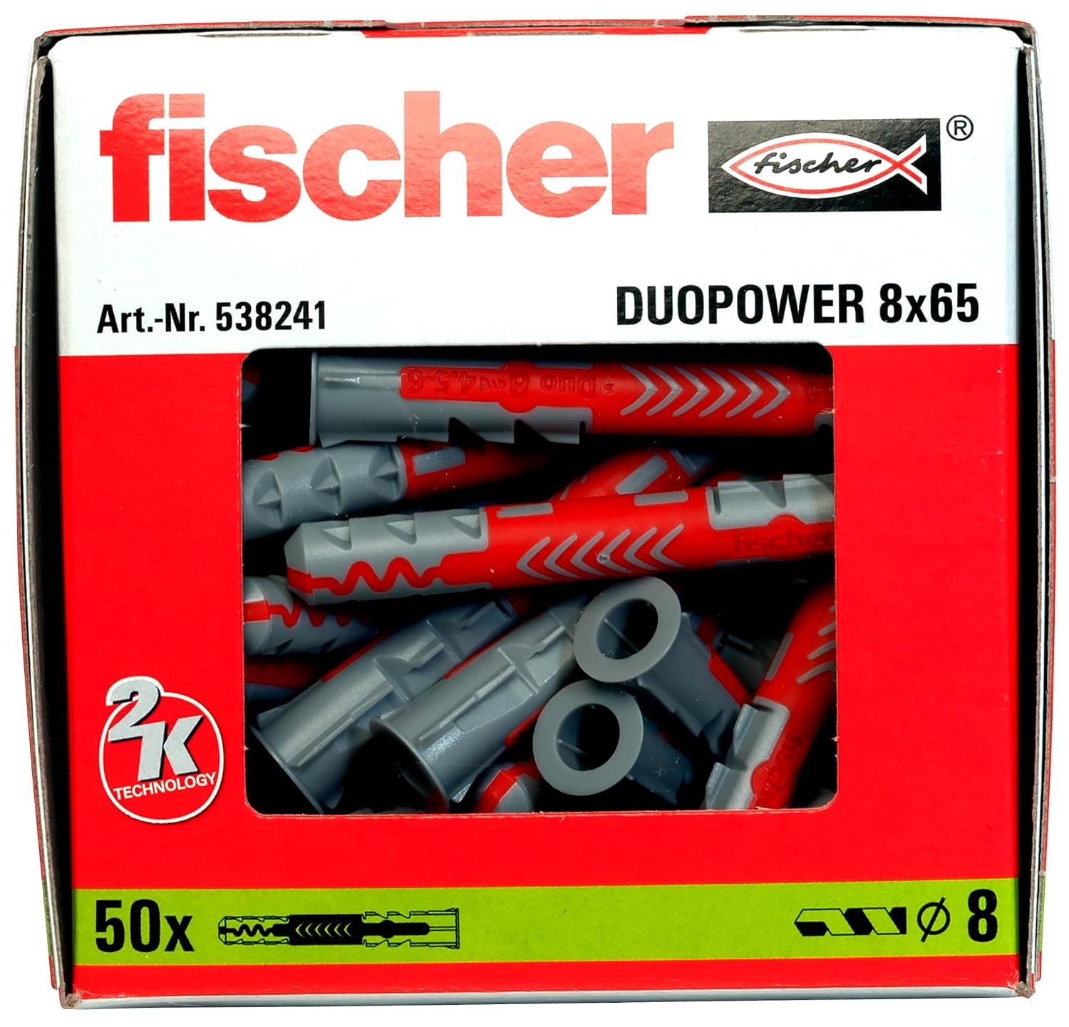 fischer - Cheville bi-matière et multi-matériaux DUOPOWER 8x65/Boîte de 50 Gris/rouge – Image 2