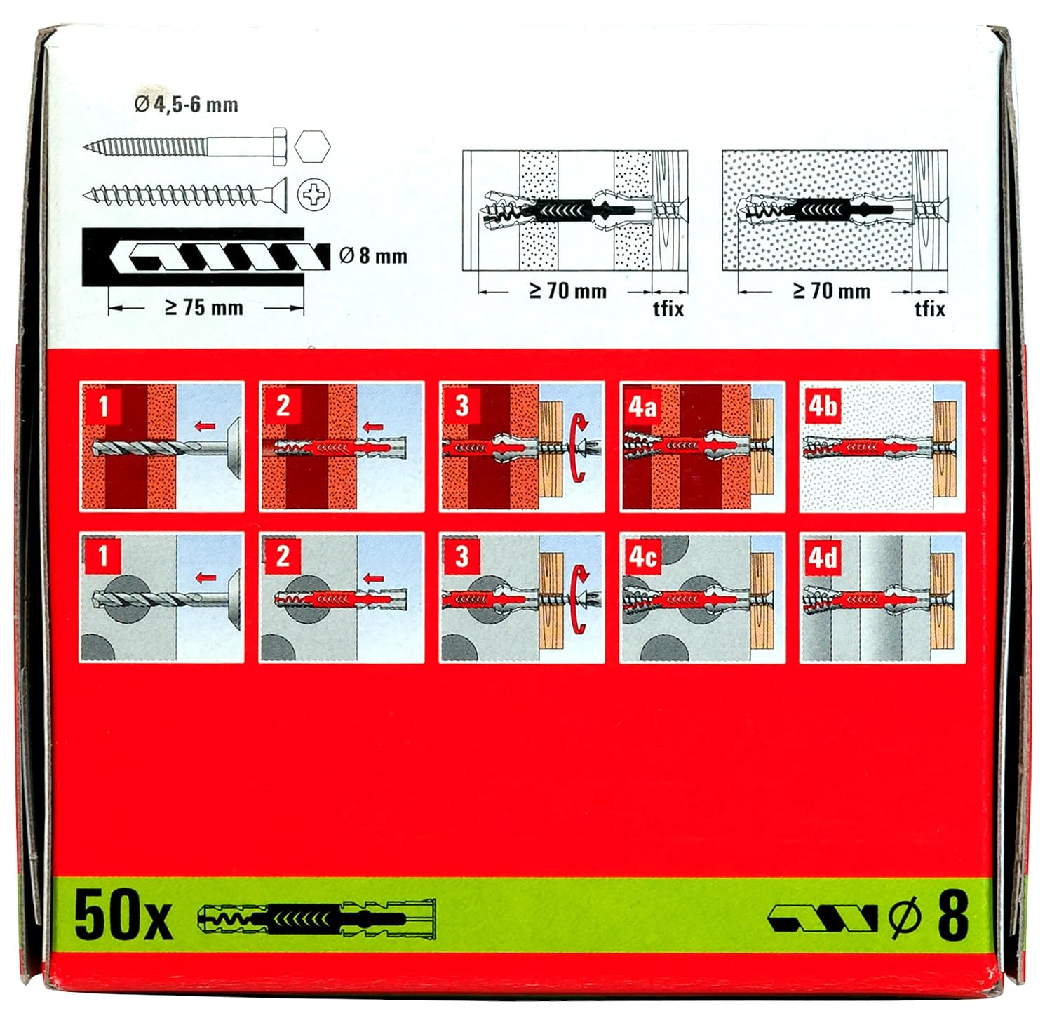 fischer - Cheville bi-matière et multi-matériaux DUOPOWER 8x65/Boîte de 50 Gris/rouge – Image 3