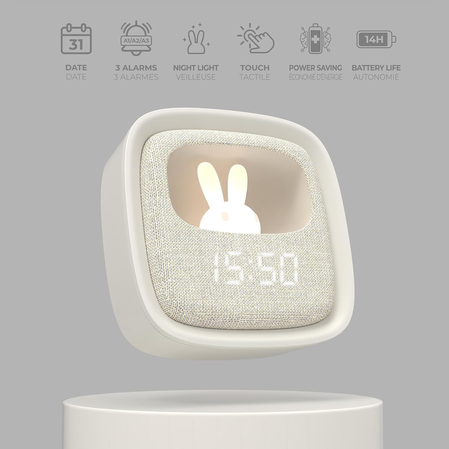 MOBILITY ON BOARD Billy Clock — Réveil veilleuse enfant lapin gris – Image 4