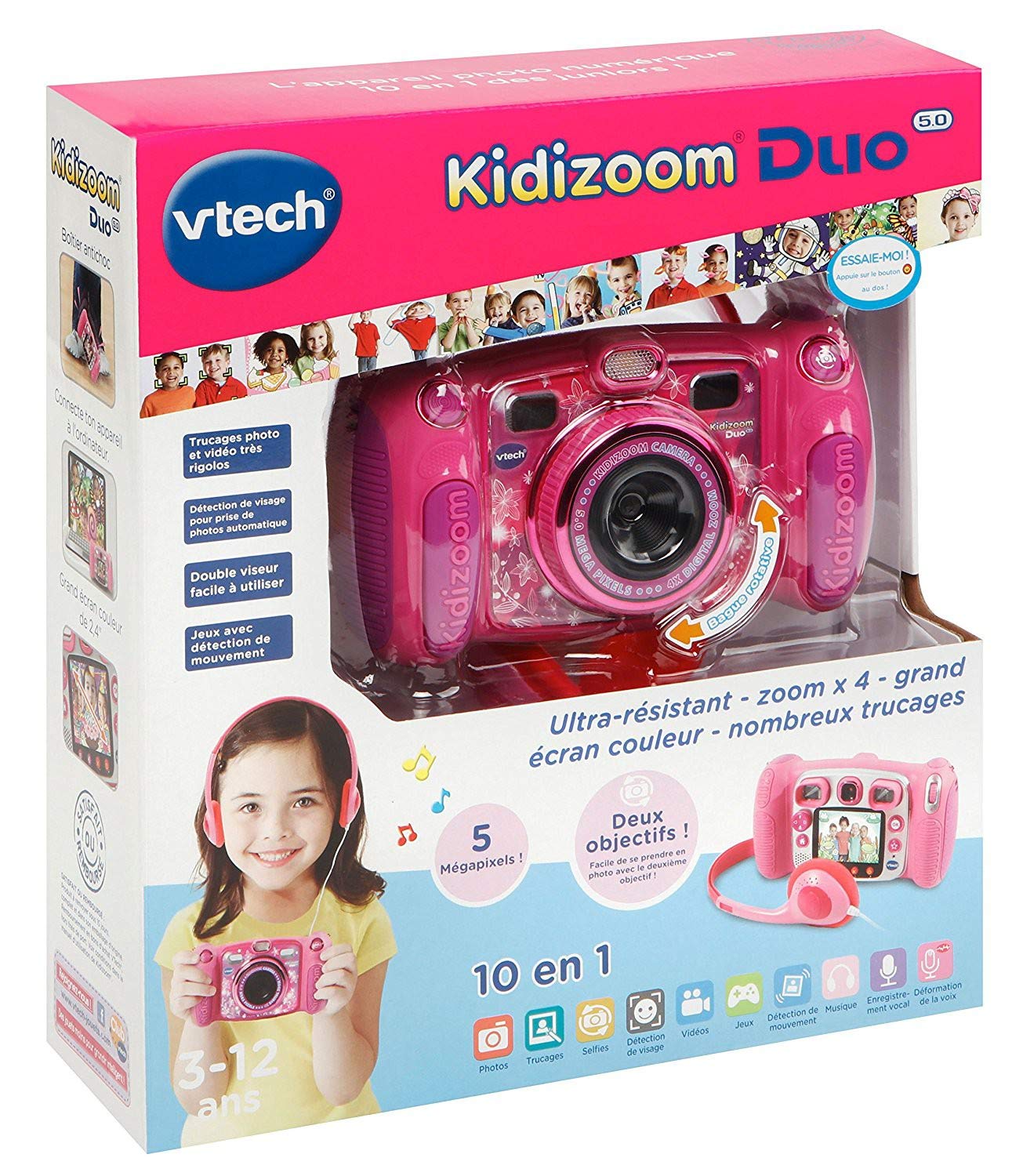 VTech - Kidizoom Duo DX Rose, Appareil Photo Enfant 10 en 1, Filtres Dynamiques – Version FR