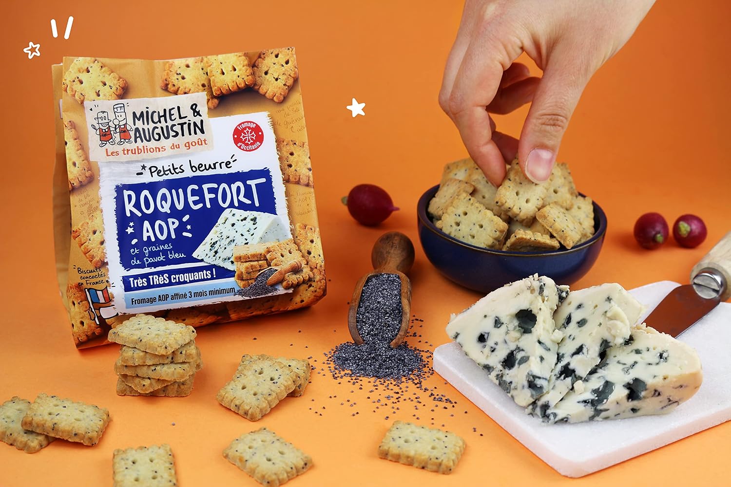 Michel & Augustin – Petits Beurre Salés au Roquefort AOP et Graines de Pavot Bleu – Biscuits Apéritifs Gourmands – Fabriqués en France – 100g x 8 – Image 3