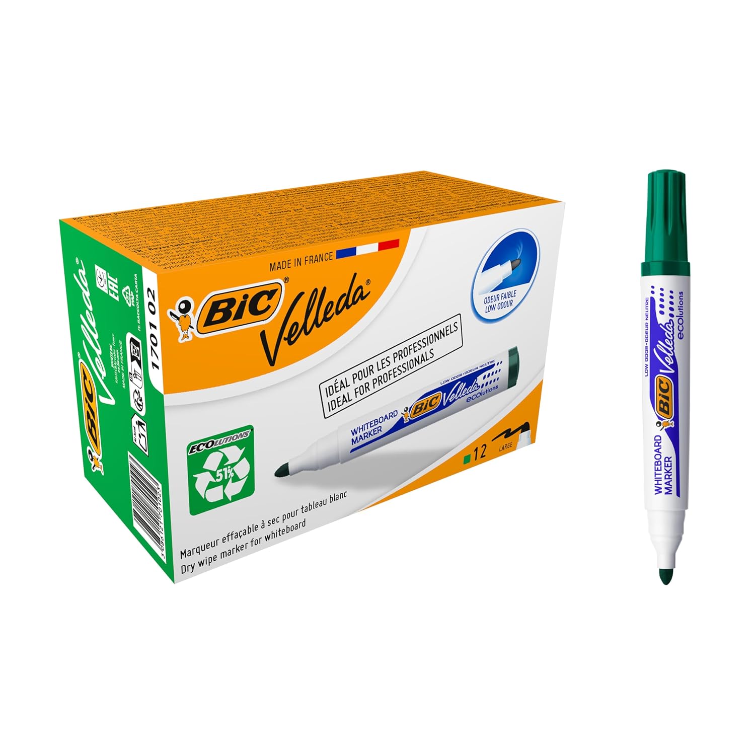 BIC Velleda 1701 ECOlutions — 12 Feutres Tableau Blanc Verts