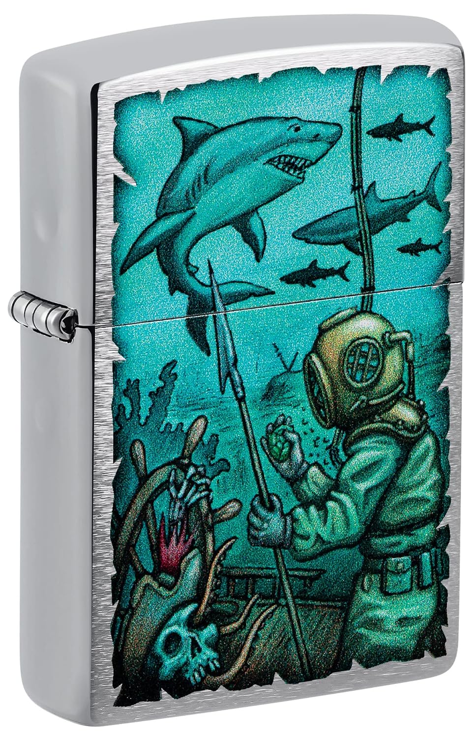 ZIPPO — Briquet de poche chrome brossé motif requin