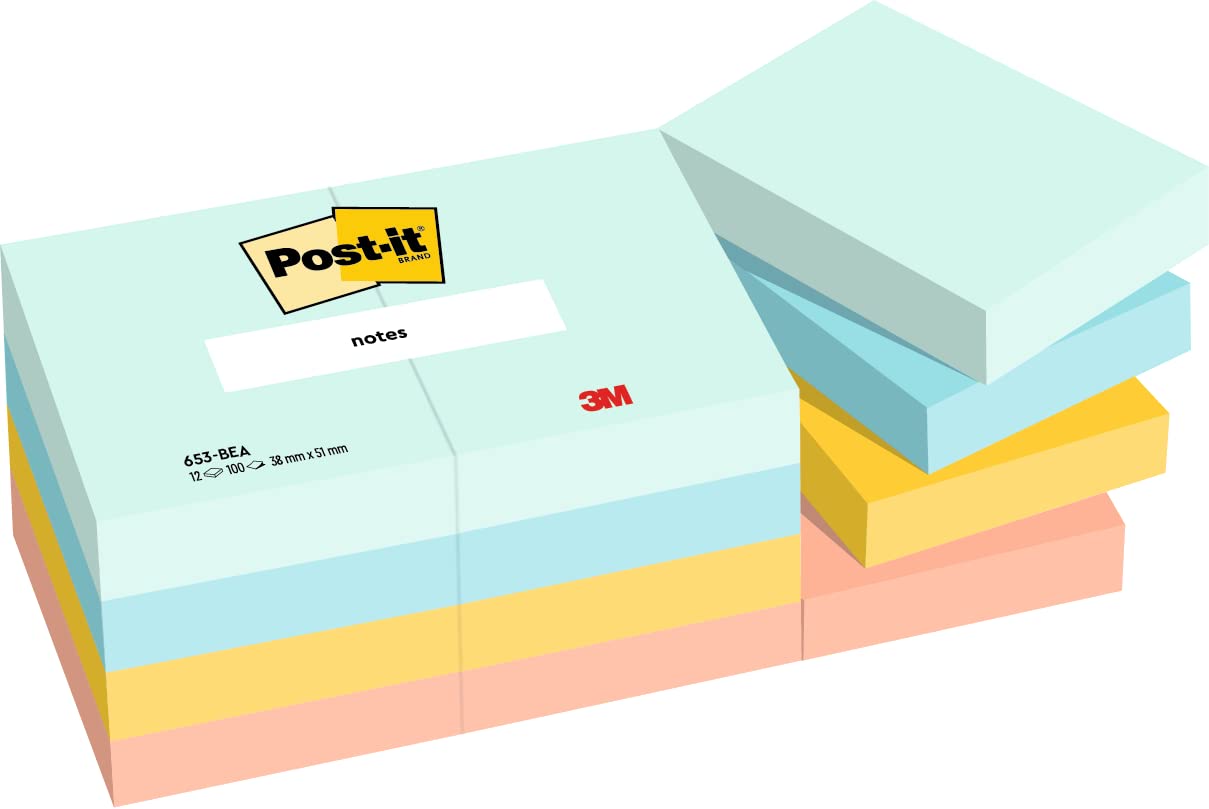 POST-IT — Notes autocollantes couleurs Beach 12 blocs 38 x 51 mm