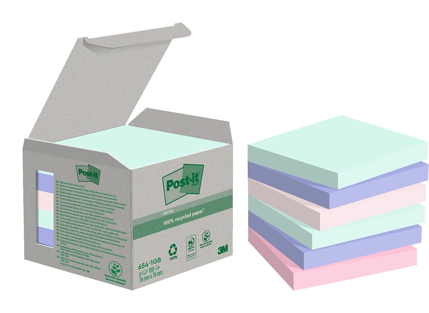 POST-IT — Notes autocollantes recyclées 76 x 76 mm, lot de 6