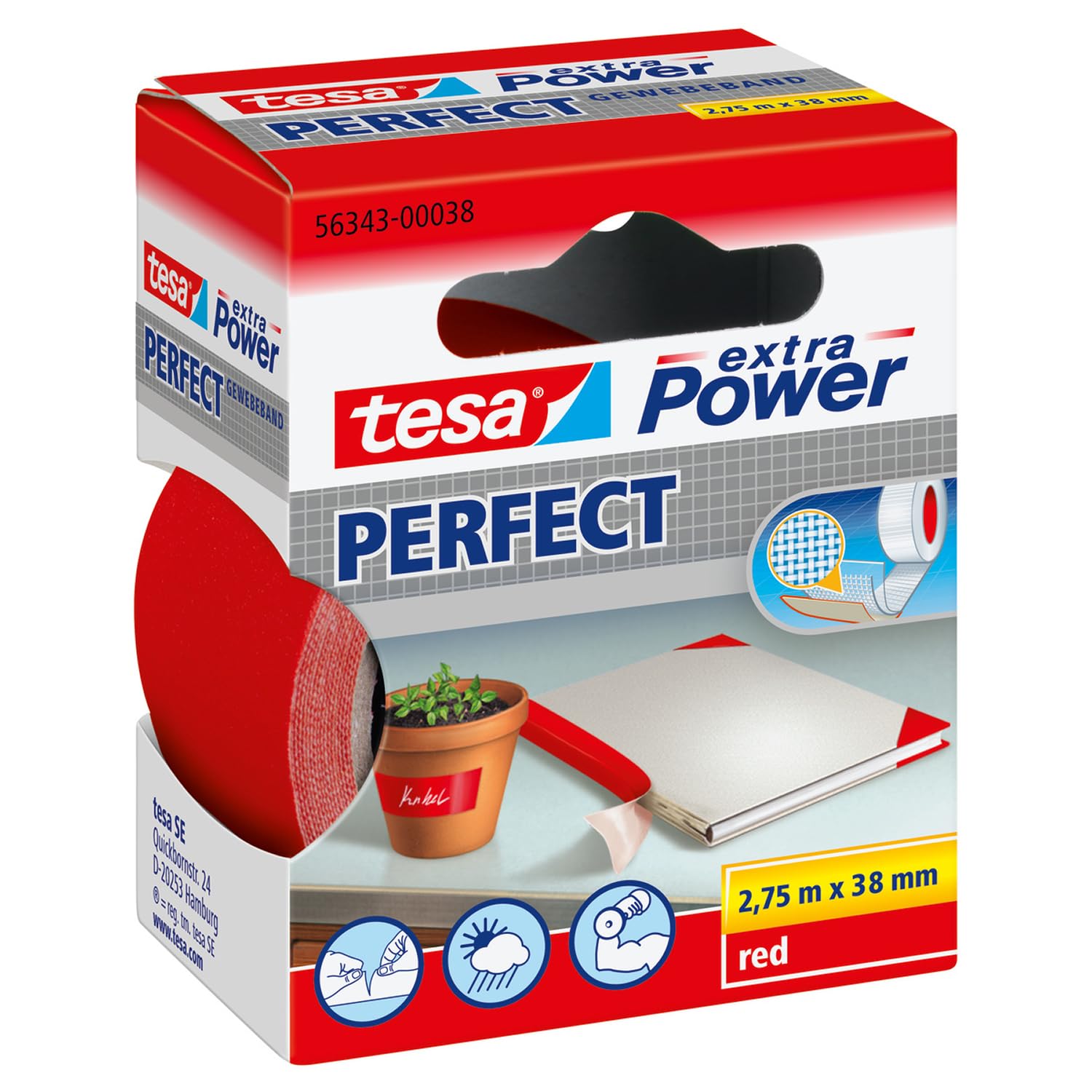 TESA extra Power Perfect — Ruban adhésif toilé rouge 2,75 m