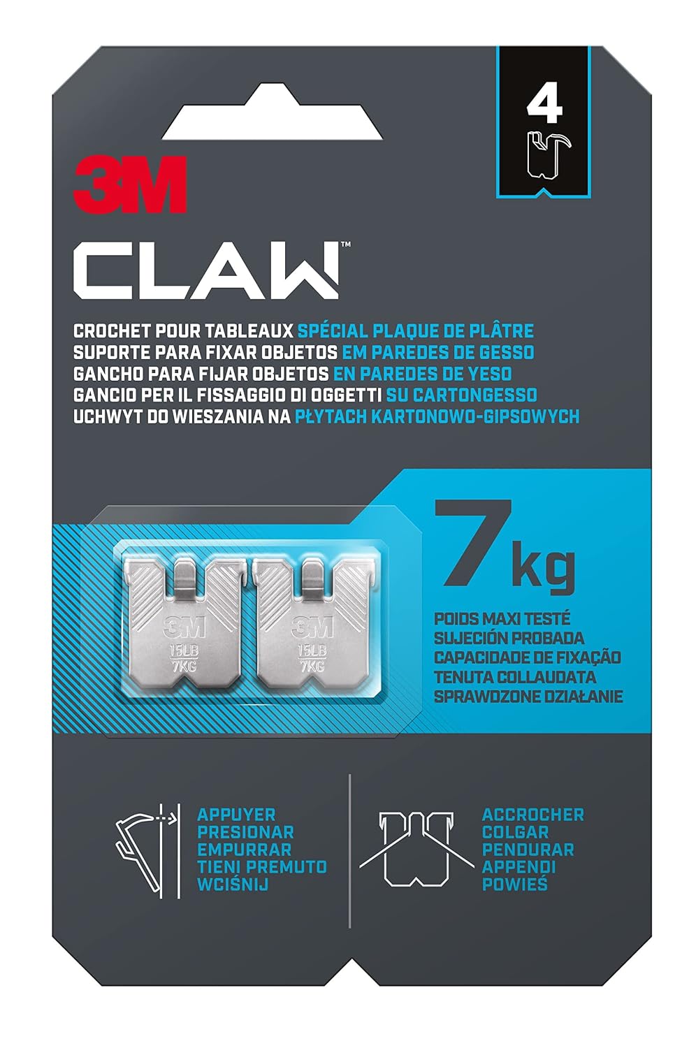3M CLAW — Crochets pour tableaux mur en plâtre x4 7 kg