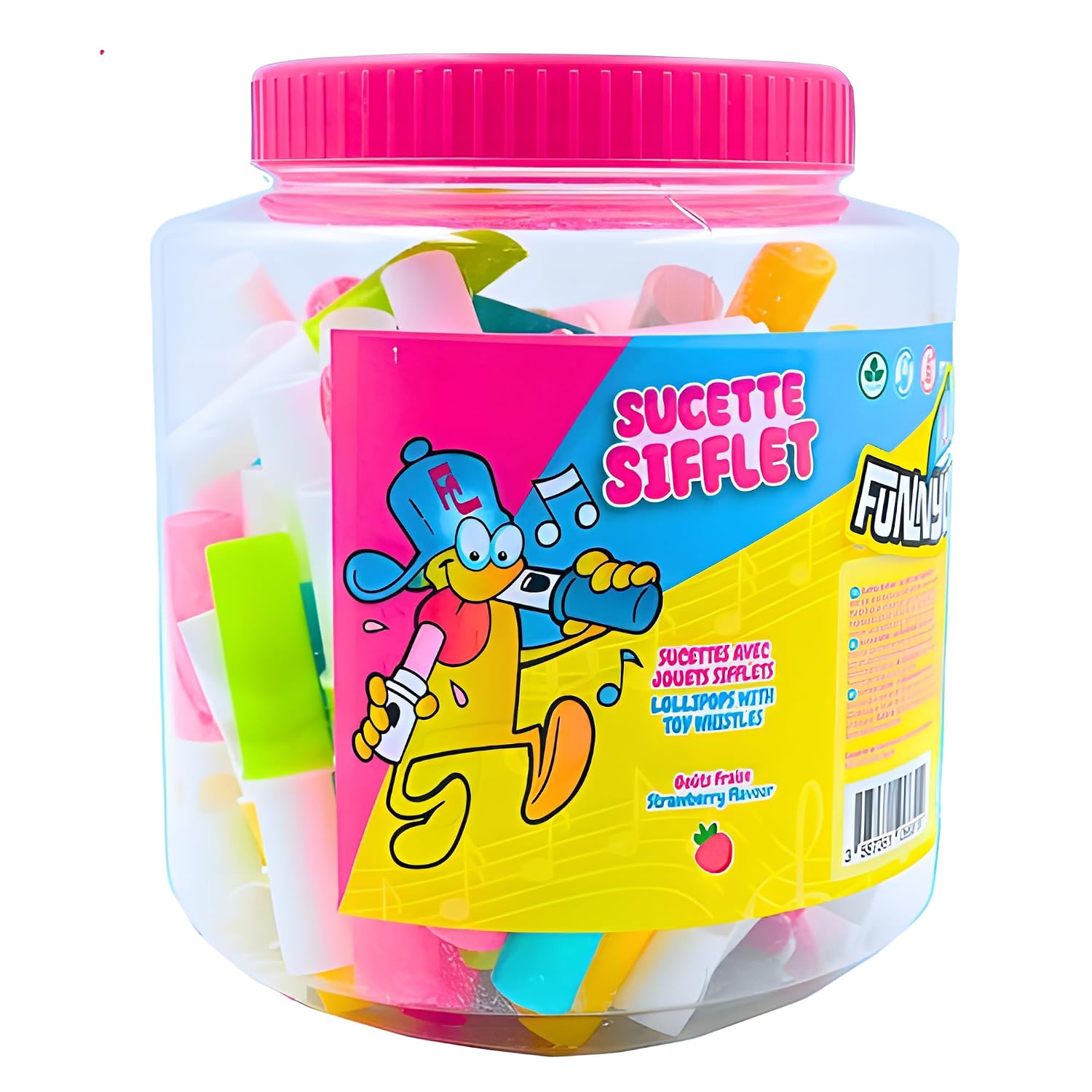 funny Candy — Sucette sifflet goût fraise, tube de 80