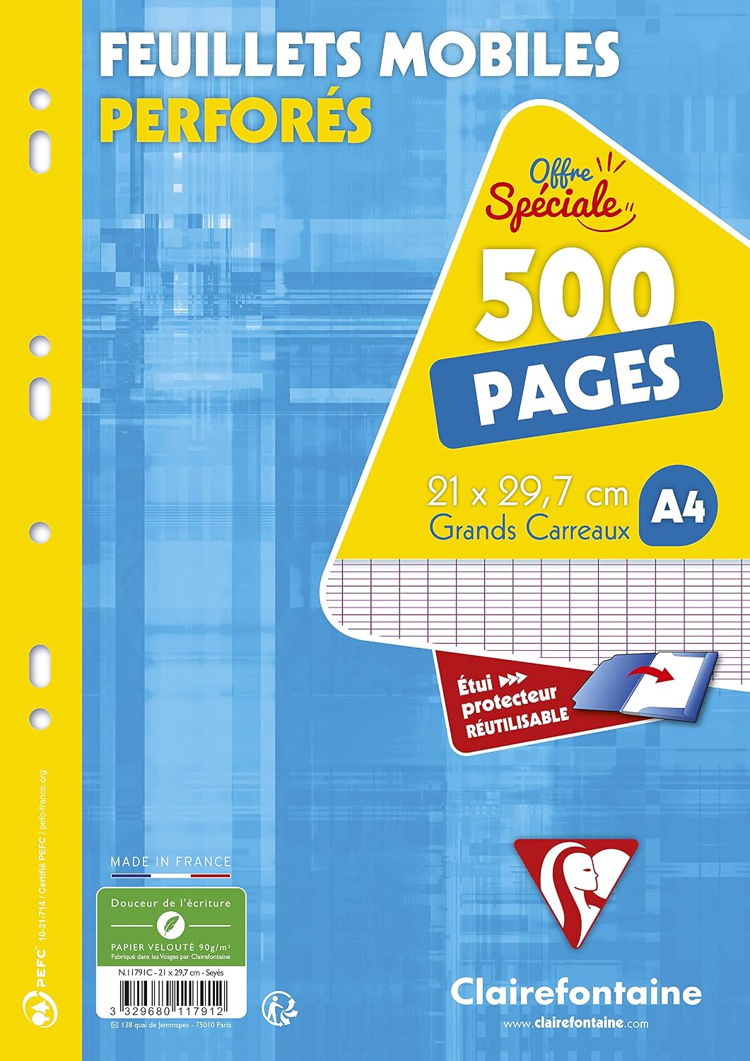 CLAIREFONTAINE — Feuillets mobiles perforés A4 500 pages 90 g