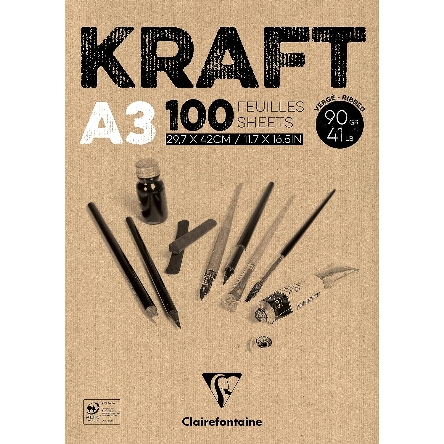 CLAIREFONTAINE — Bloc encollé papier kraft vergé brun A3 90 g