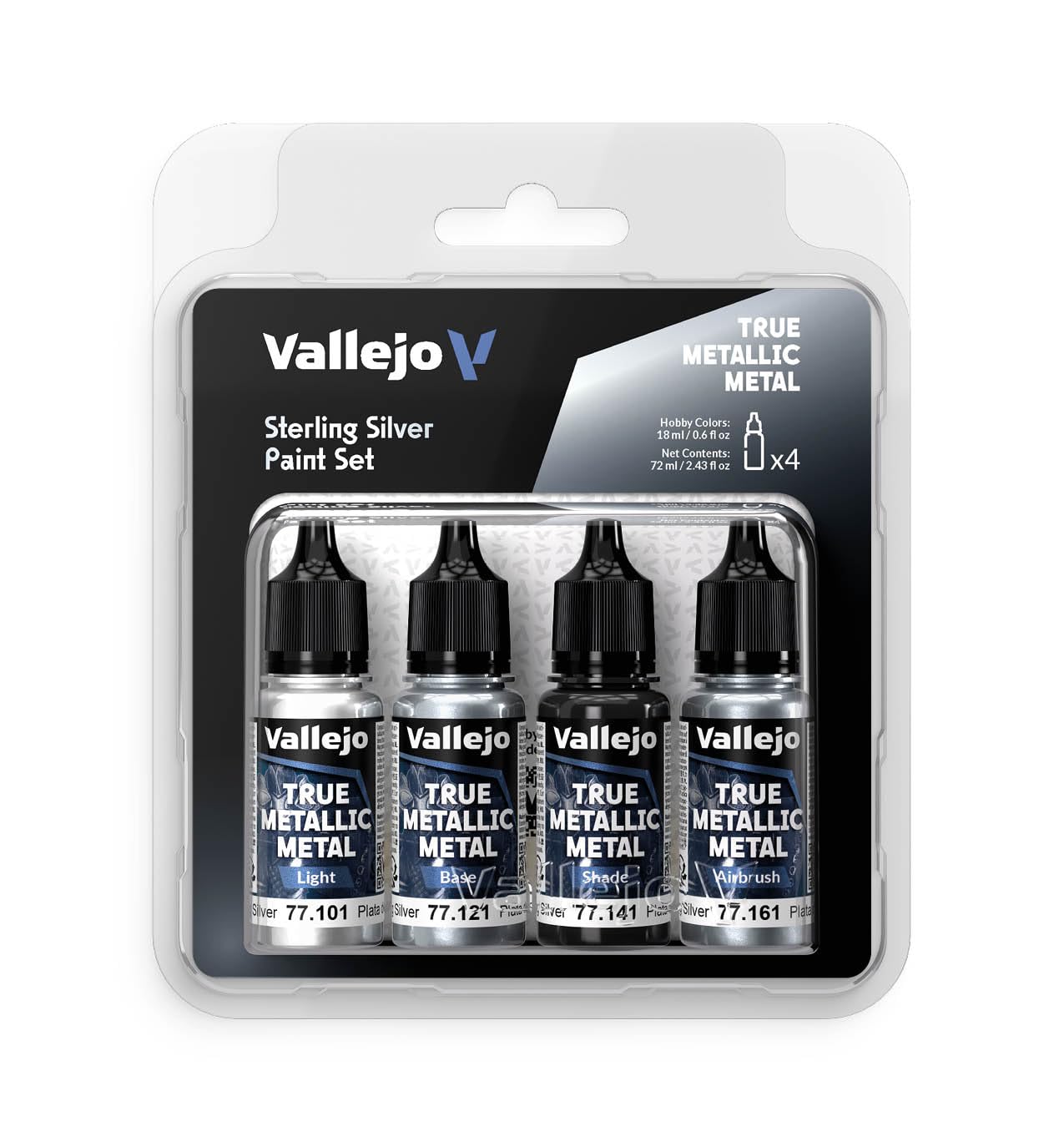 VALLEJO True Metallic Metal Set — peinture acrylique argent 4 x 18 ml