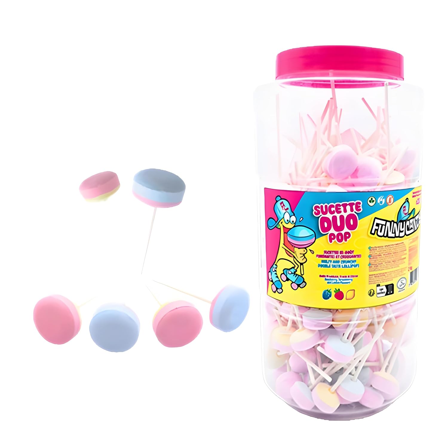 FUNNY CANDY Duo Pop — Pot de 200 sucettes bi-goût fraise citron