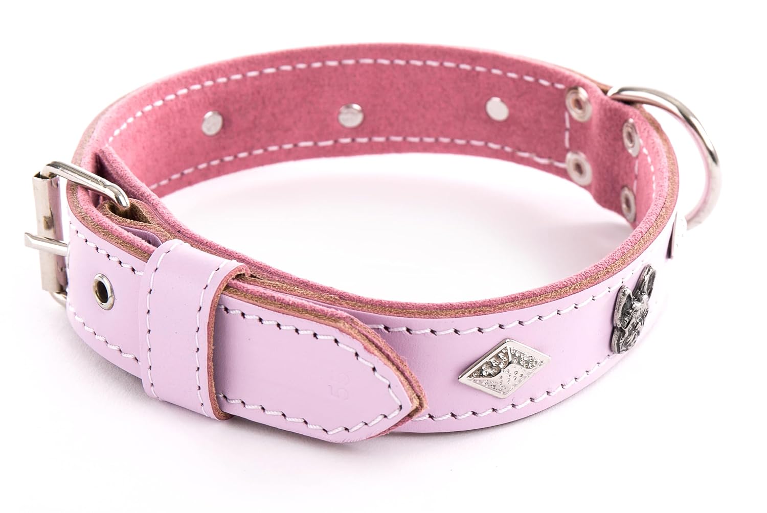 MARTIN SELLIER — Collier en cuir spécial bouledogue rose 55 cm