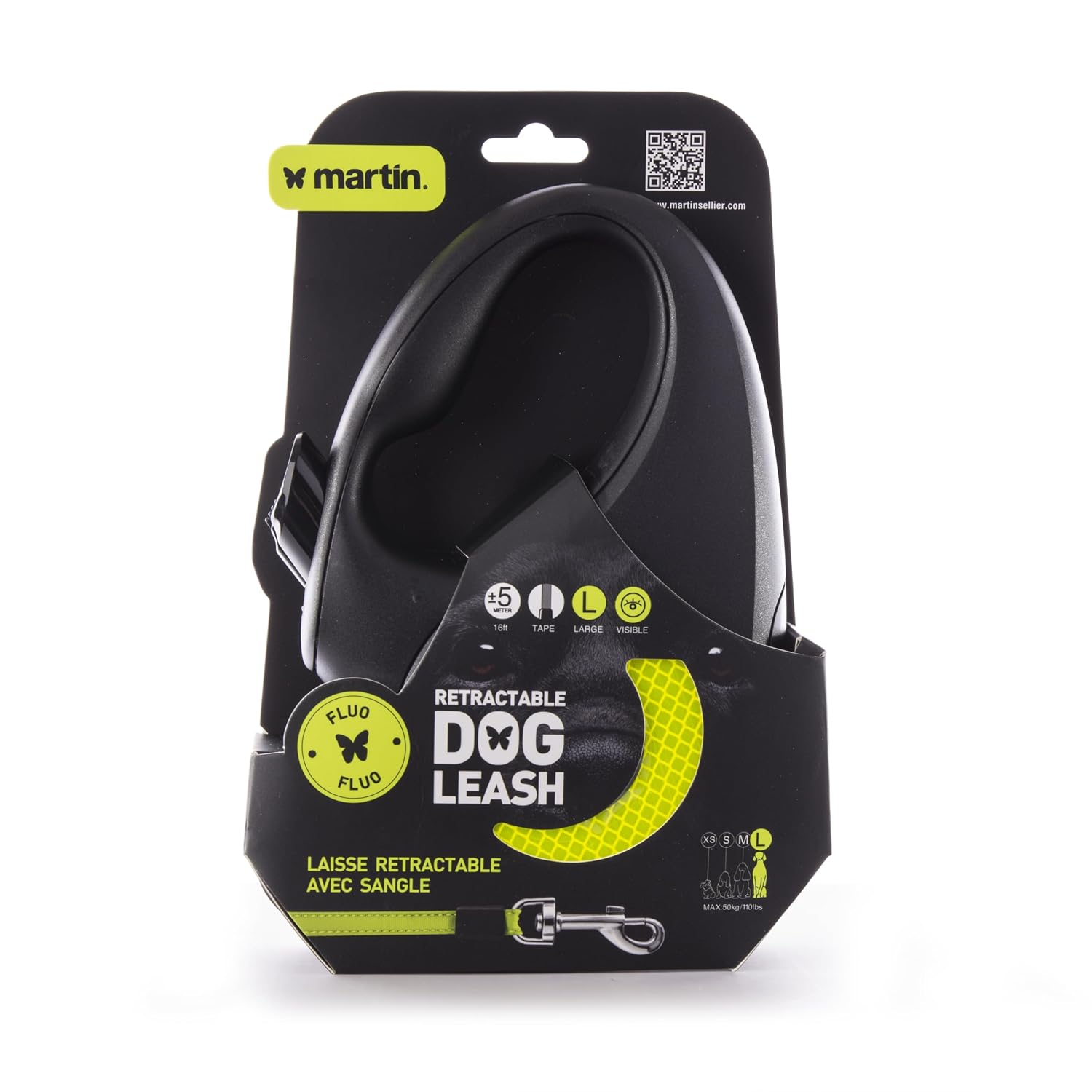 MARTIN — Laisse rétractable sangle fluo