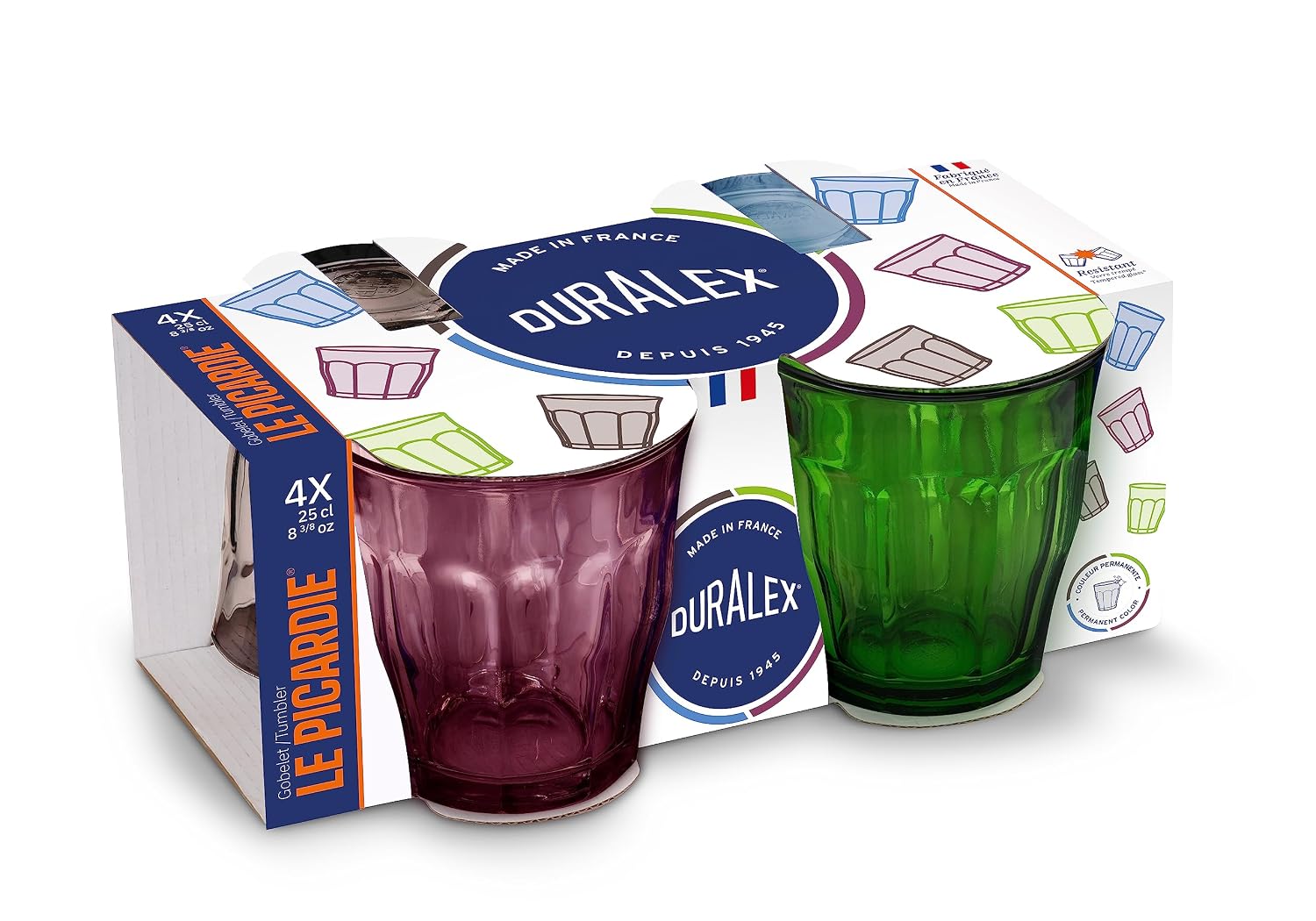 DURALEX Picardie — Lot de 4 verres à boire colorés 8,4 oz
